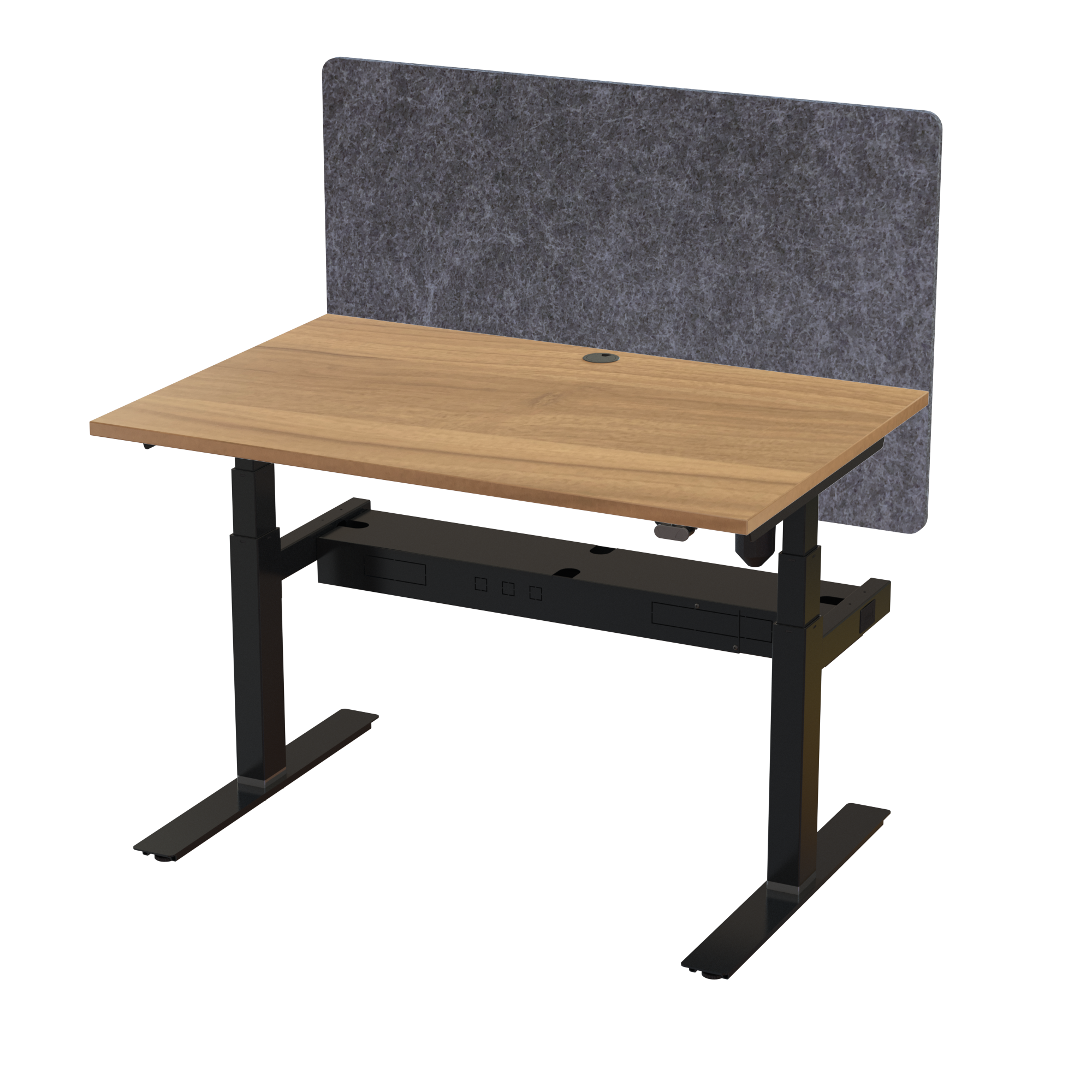 Ergonomic T-leg desk (120x80 cm) with a white melamine tabletop, acoustic screen, cable tray and memory controller on a black 408-35 desk frame