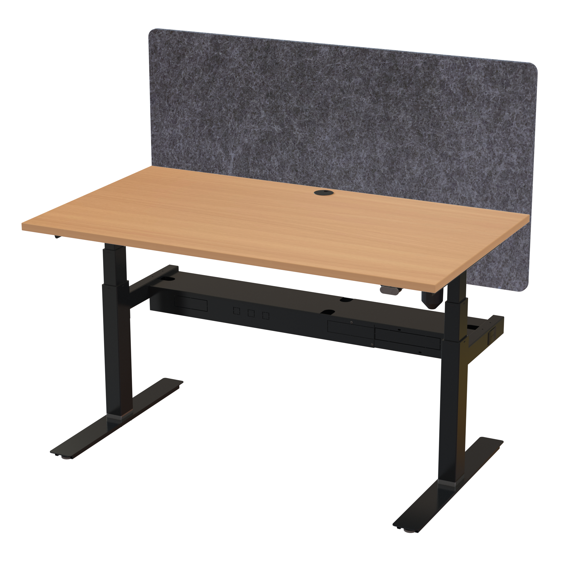 Ergonomic frame desk (140x80 cm) with a beech melamine tabletop, acoustic screen, cable tray and memory controller on a black 408-35 desk frame