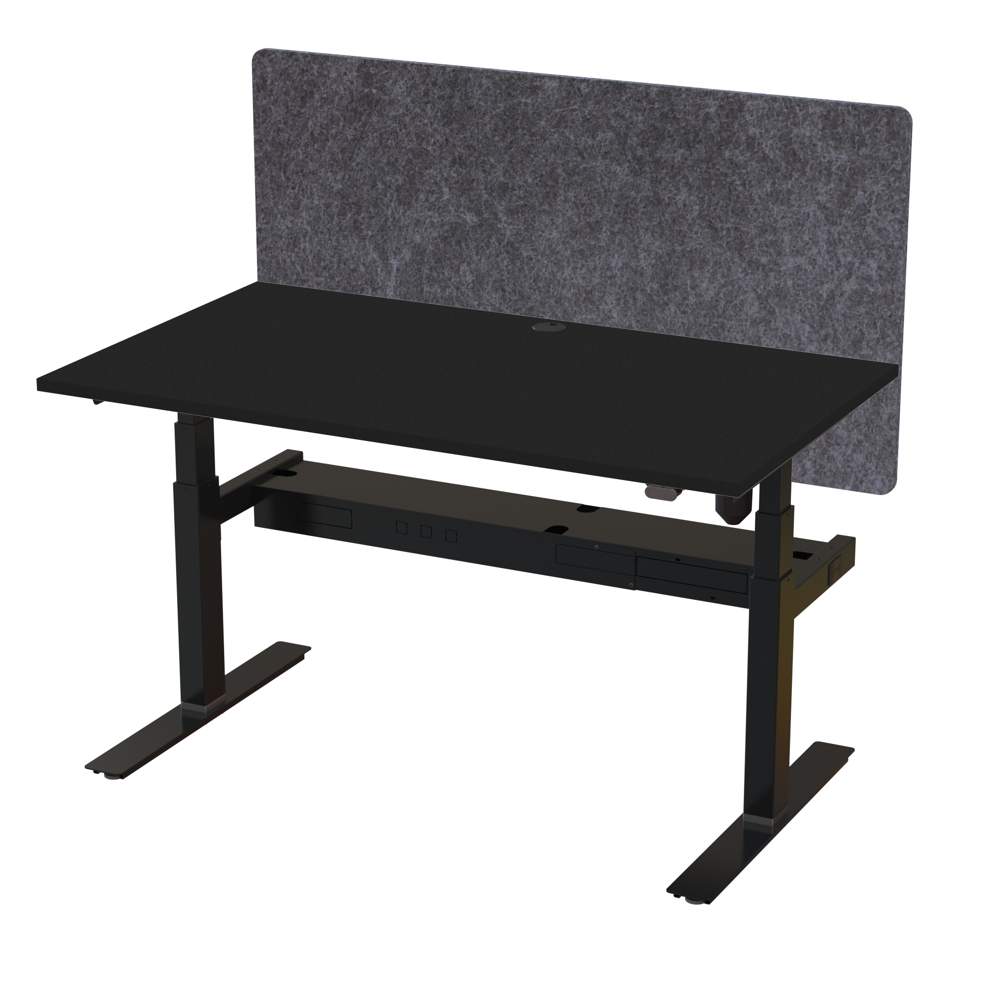 Ergonomic frame desk (140x80 cm) with a black melamine tabletop, acoustic screen, cable tray and memory controller on a black 408-35 desk frame