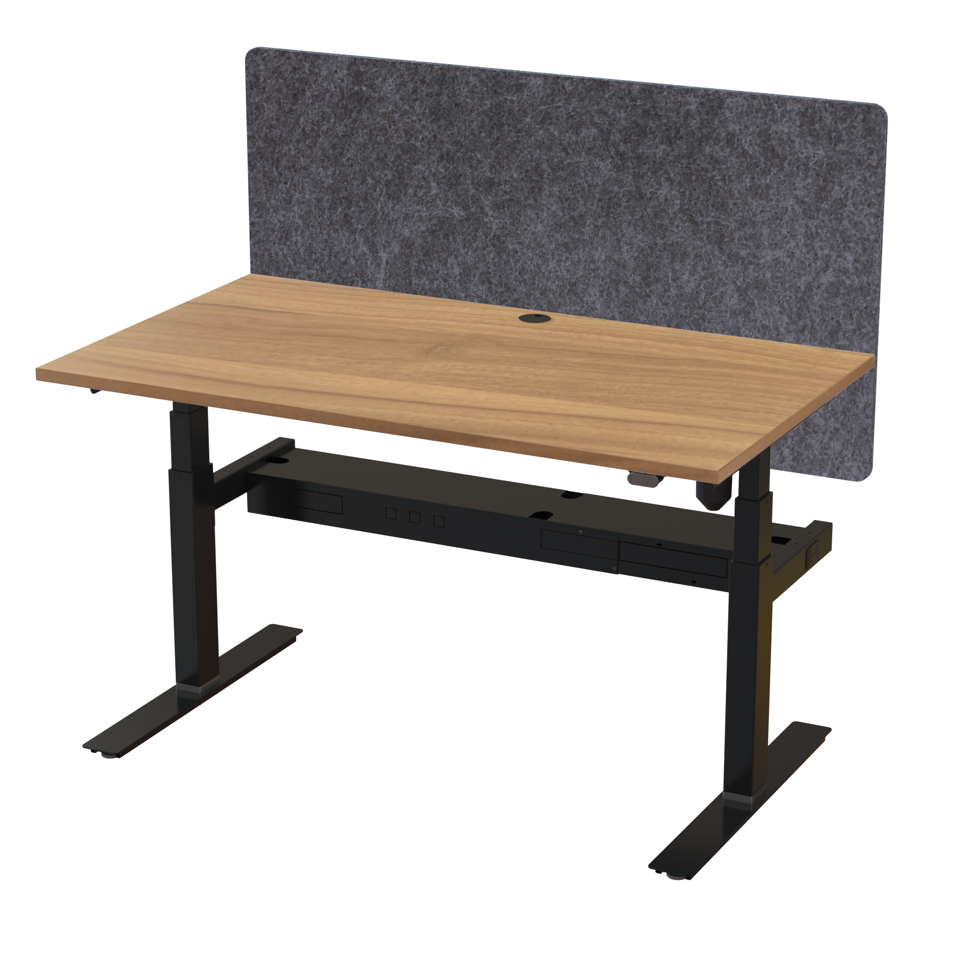 Ergonomic T-leg desk (140x80 cm) with a walnut melamine tabletop, acoustic screen, cable tray and memory controller on a black 408-35 desk frame