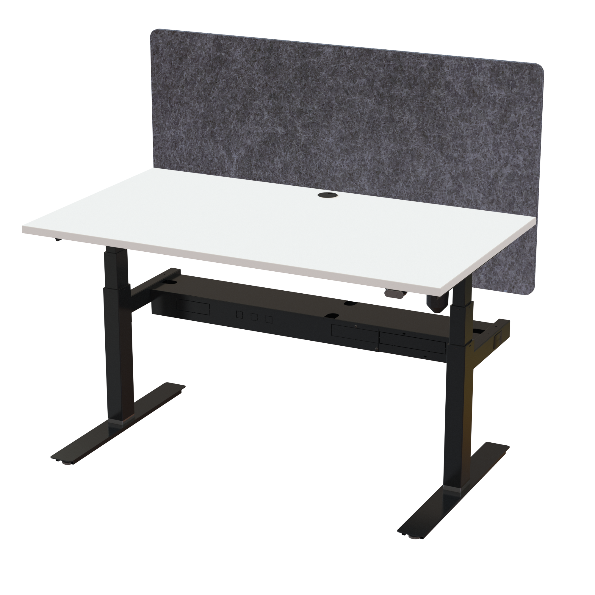 Ergonomic frame desk (140x80 cm) with a white melamine tabletop, acoustic screen, cable tray and memory controller on a black 408-35 desk frame