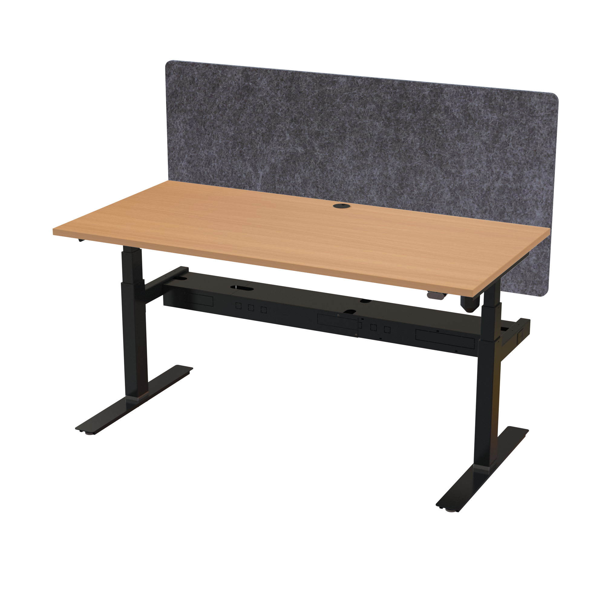 Ergonomic T-leg desk (160x80 cm) with a beech melamine tabletop, acoustic screen, cable tray and memory controller on a black 408-35 desk frame