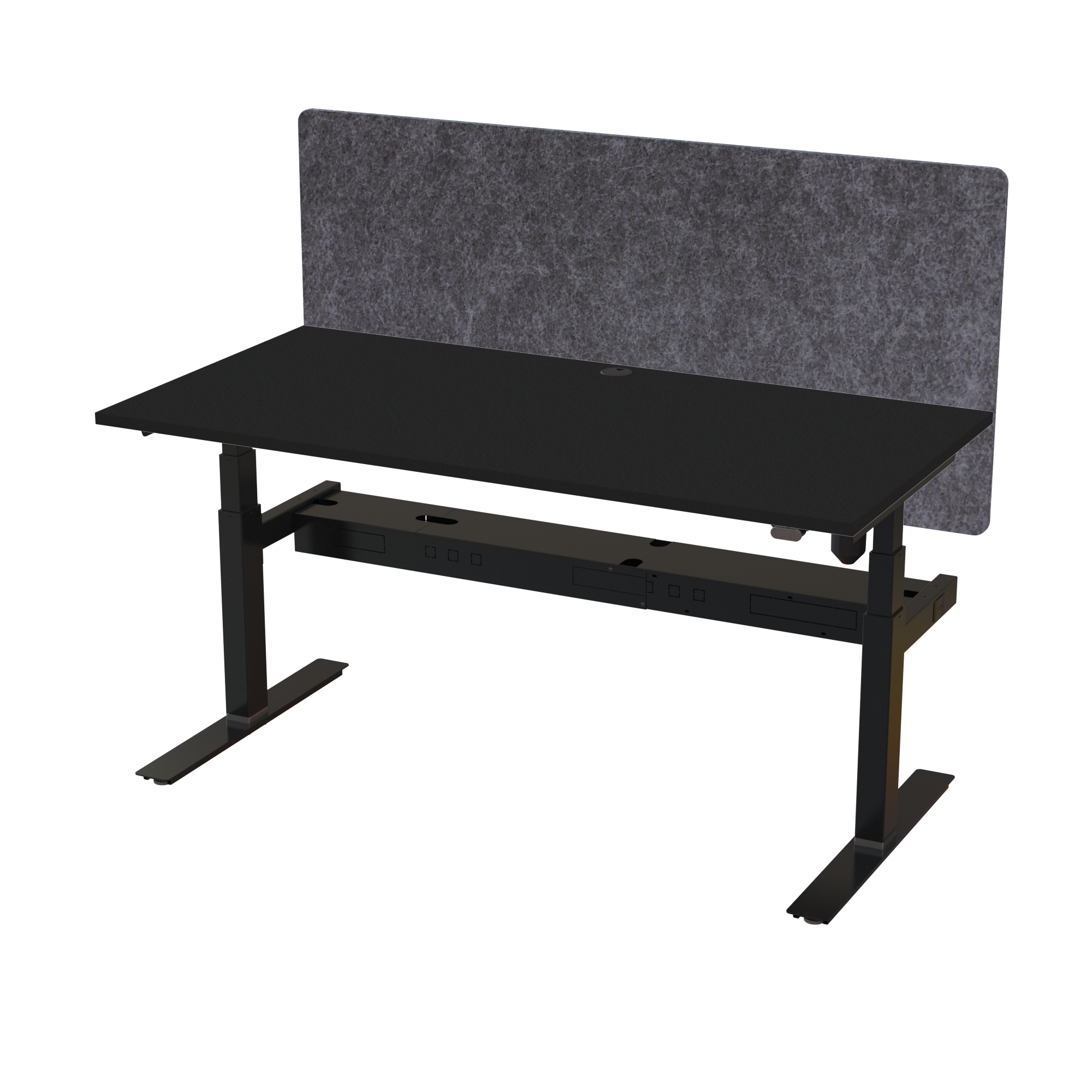Ergonomic frame desk (160x80 cm) with a black melamine tabletop, acoustic screen, cable tray and memory controller on a black 408-35 desk frame