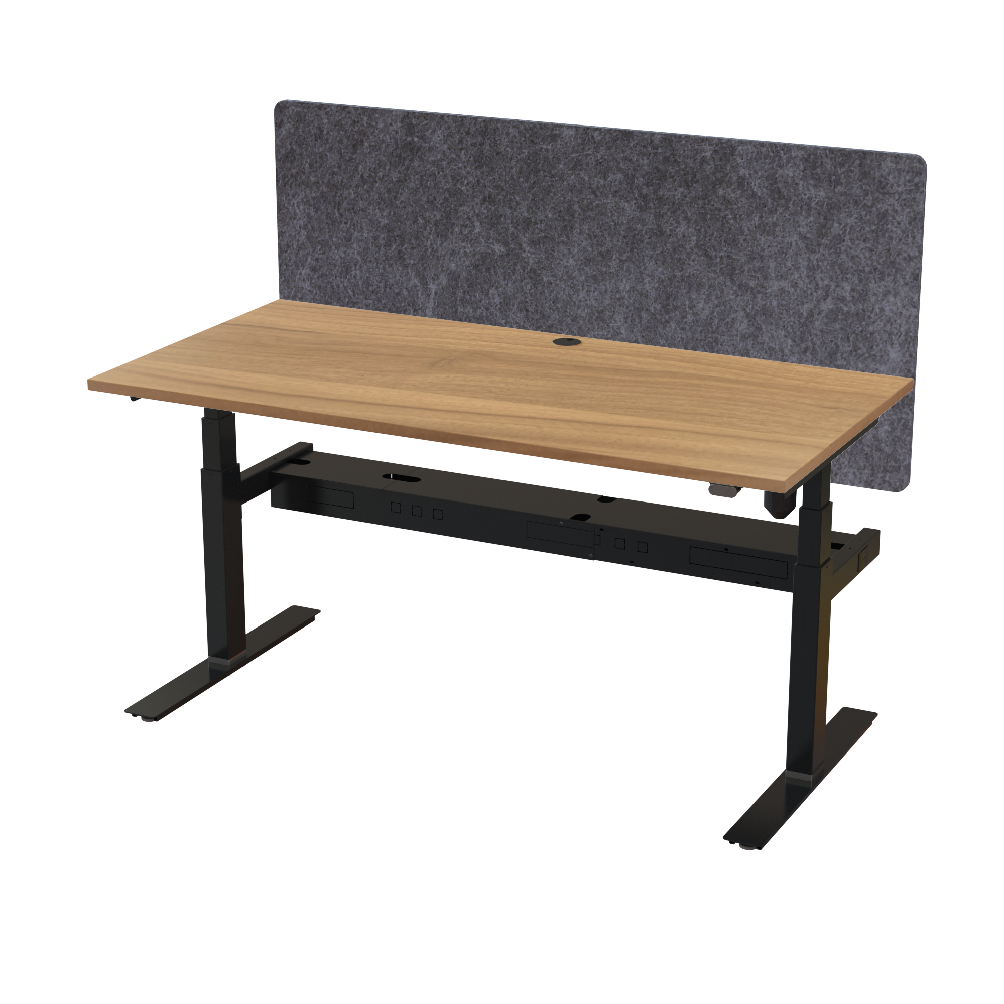 Ergonomic T-leg desk (160x80 cm) with a walnut melamine tabletop, acoustic screen, cable tray and memory controller on a black 408-35 desk frame