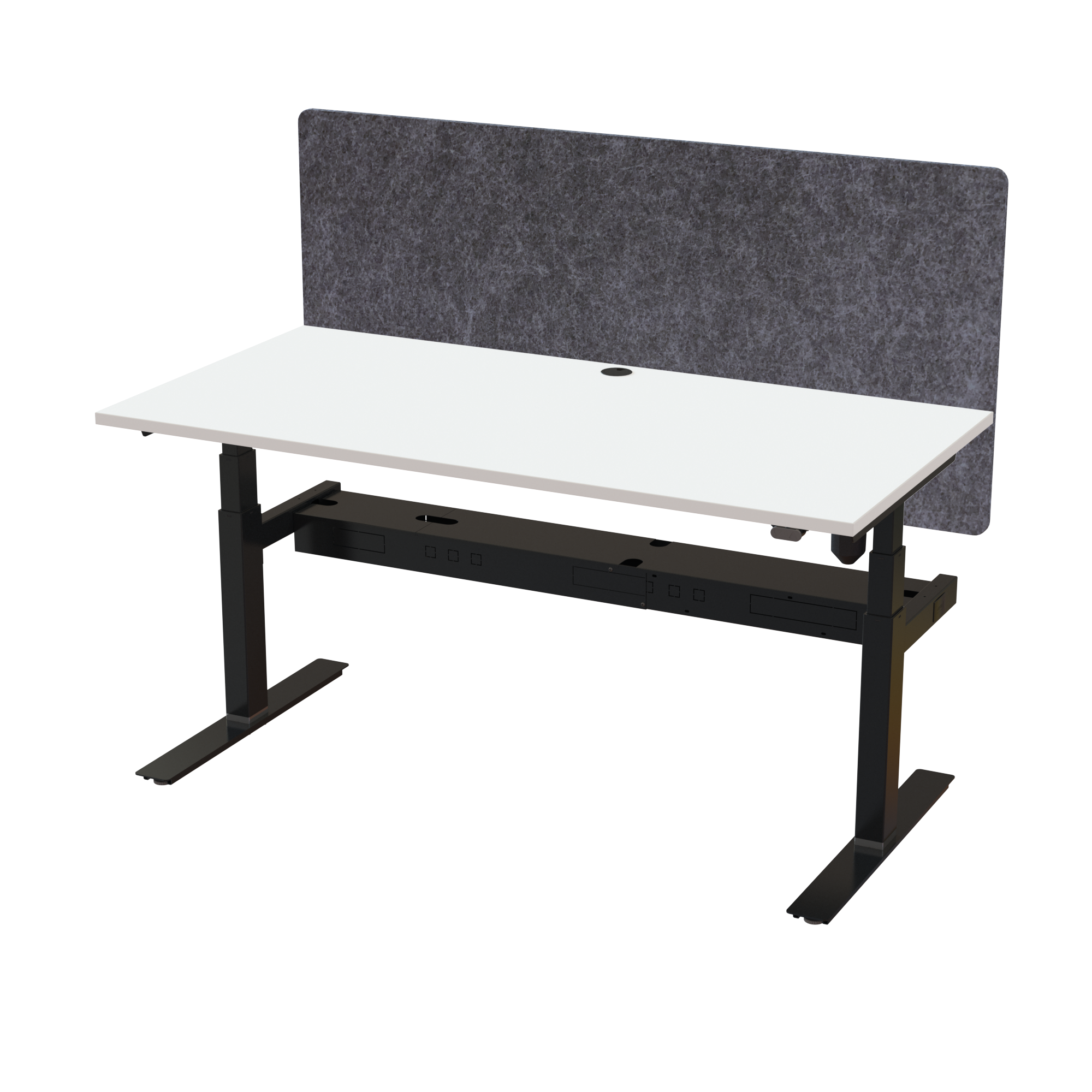 Ergonomic T-leg desk (160x80 cm) with a white melamine tabletop, acoustic screen, cable tray and memory controller on a black 408-35 desk frame