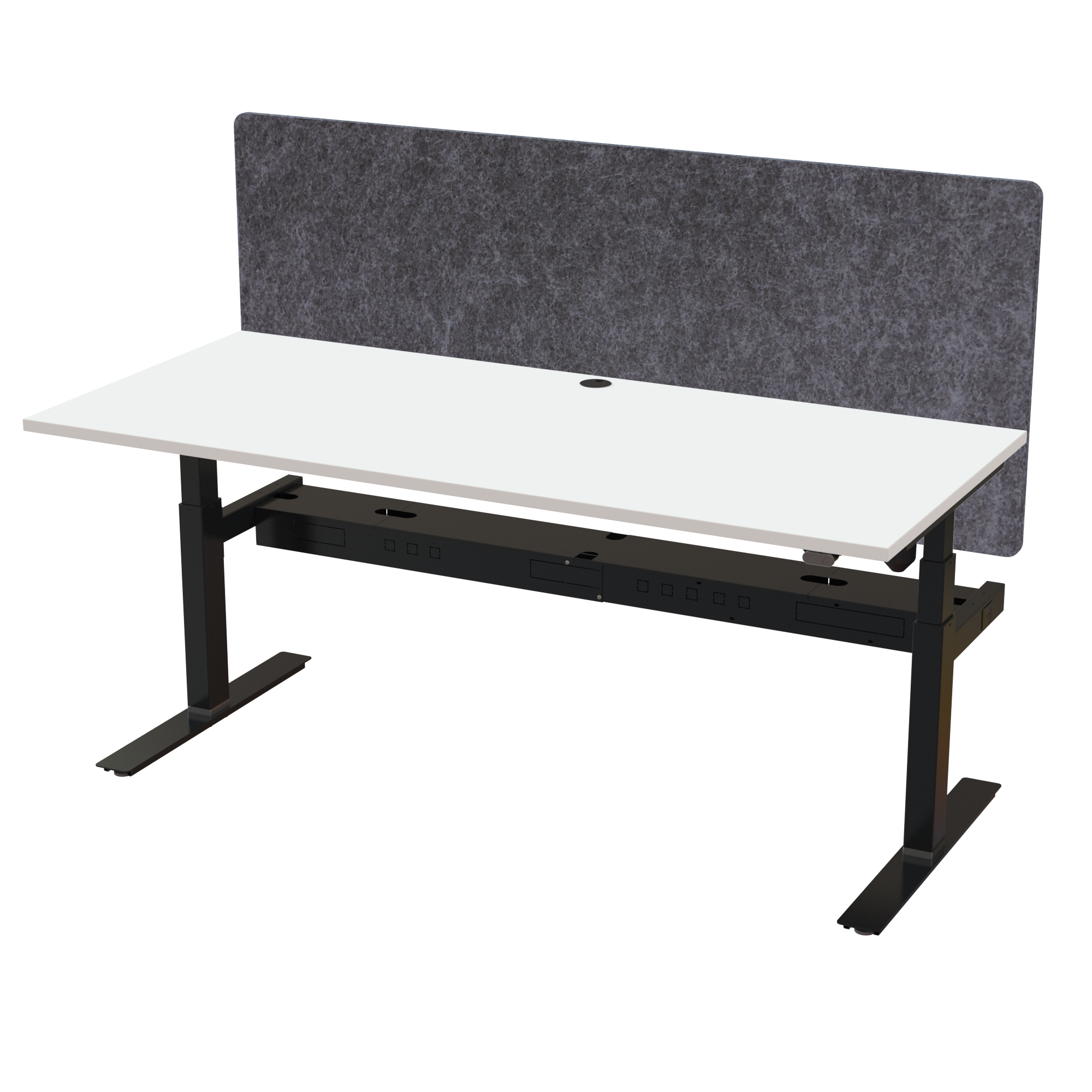 Ergonomic frame desk (180x80 cm) with a walnut melamine tabletop, acoustic screen, cable tray and memory controller on a black 408-35 desk frame