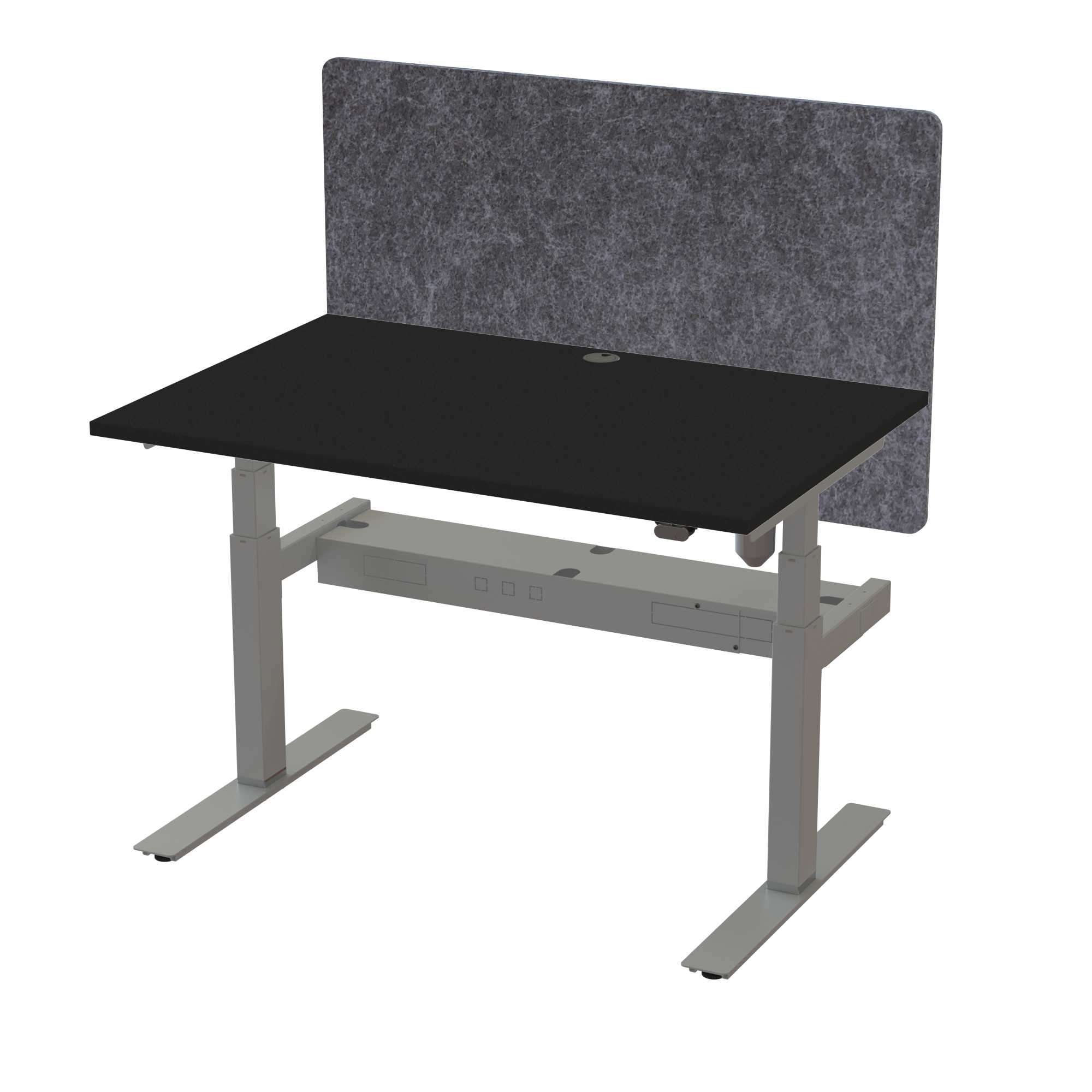 Ergonomic frame desk (120x80 cm) with a black melamine tabletop, acoustic screen, cable tray and memory controller on a silver 408-35 desk frame
