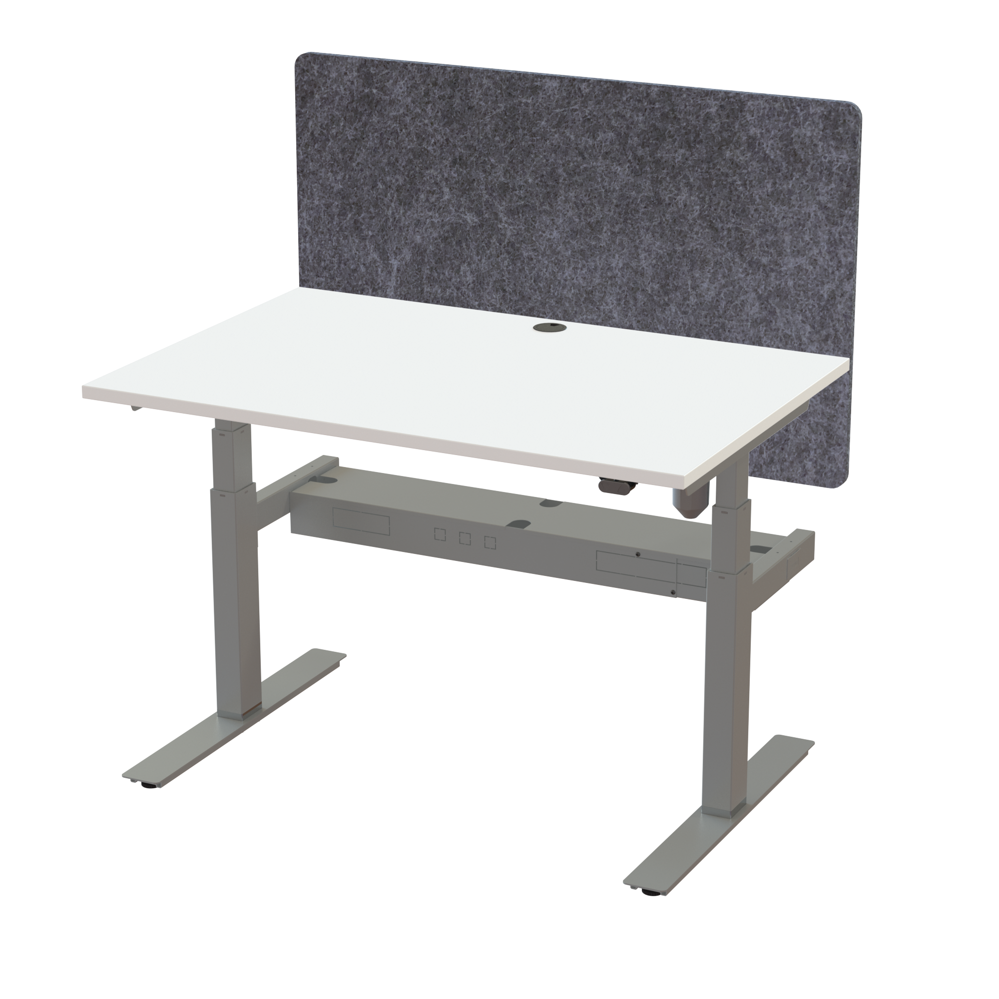 Ergonomic frame desk (120x80 cm) with a walnut melamine tabletop, acoustic screen, cable tray and memory controller on a silver 408-35 desk frame