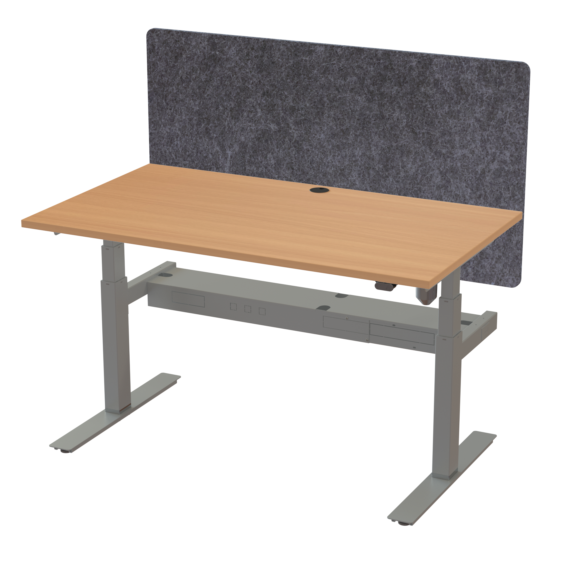 Ergonomic frame desk (140x80 cm) with a beech melamine tabletop, acoustic screen, cable tray and memory controller on a silver 408-35 desk frame