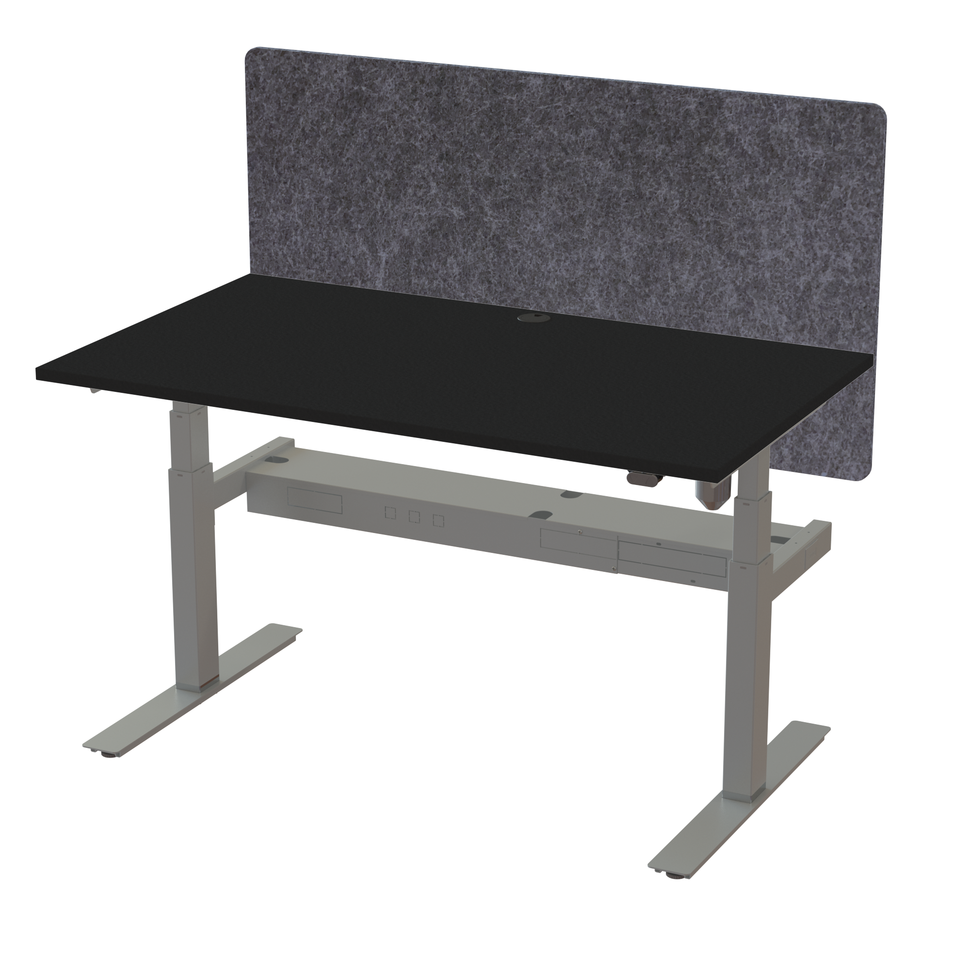 Ergonomic T-leg desk (140x80 cm) with a black melamine tabletop, acoustic screen, cable tray and memory controller on a silver 408-35 desk frame