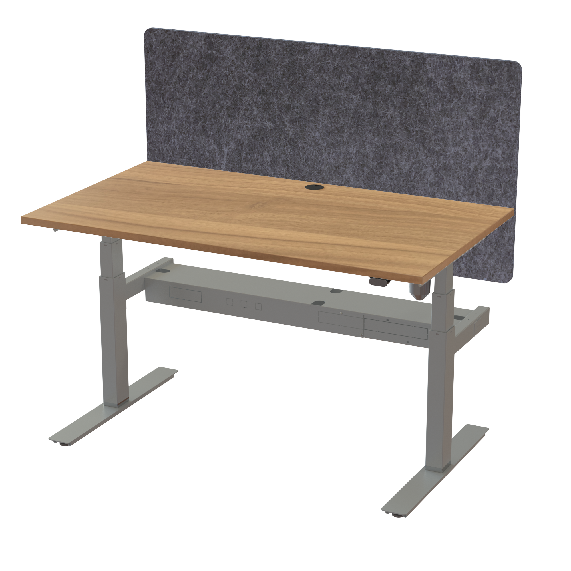 Ergonomic frame desk (140x80 cm) with a walnut melamine tabletop, acoustic screen, cable tray and memory controller on a silver 408-35 desk frame