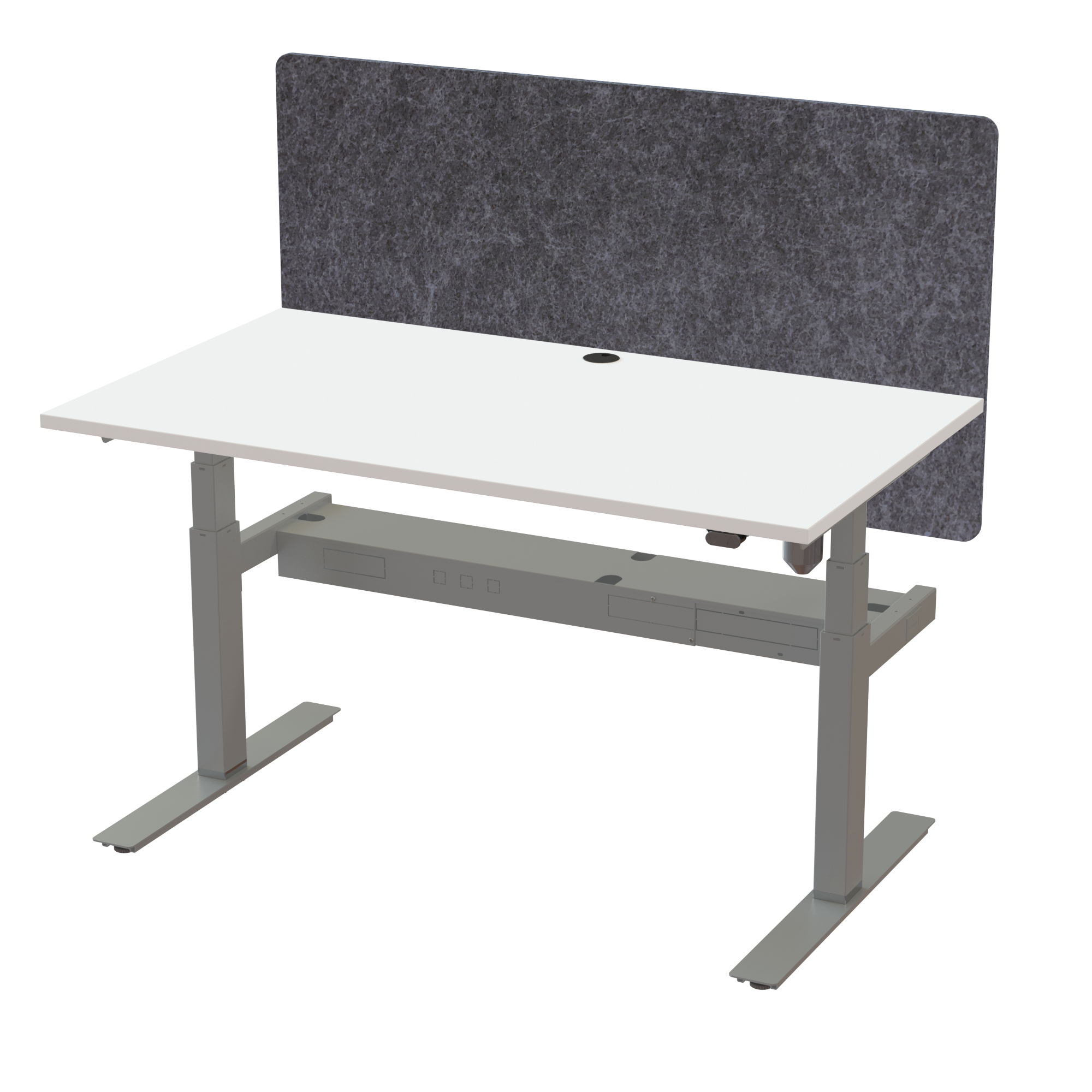 Ergonomic frame desk (140x80 cm) with a white melamine tabletop, acoustic screen, cable tray and memory controller on a silver 408-35 desk frame