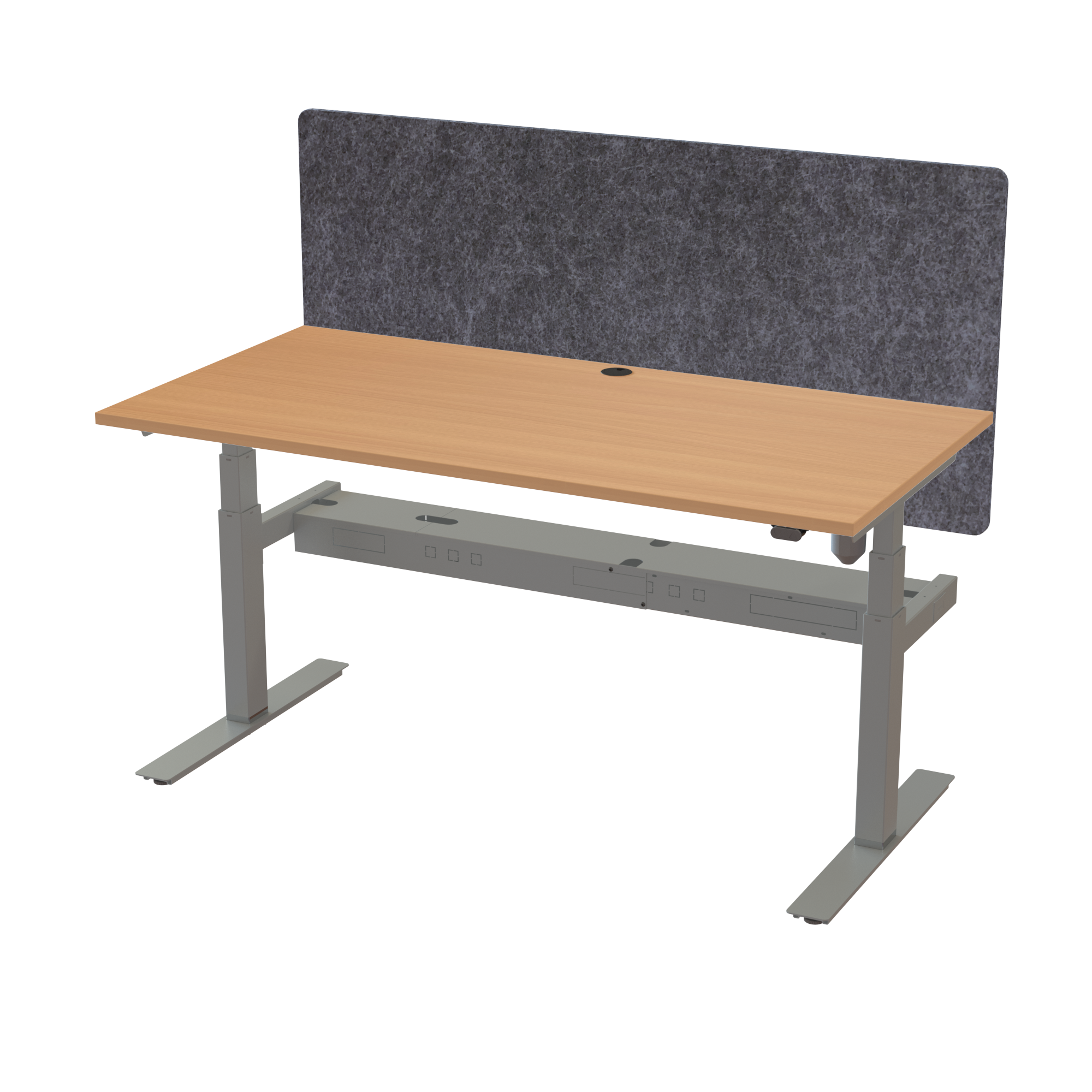 Ergonomic T-leg desk (160x80 cm) with a beech melamine tabletop, acoustic screen, cable tray and memory controller on a silver 408-35 desk frame