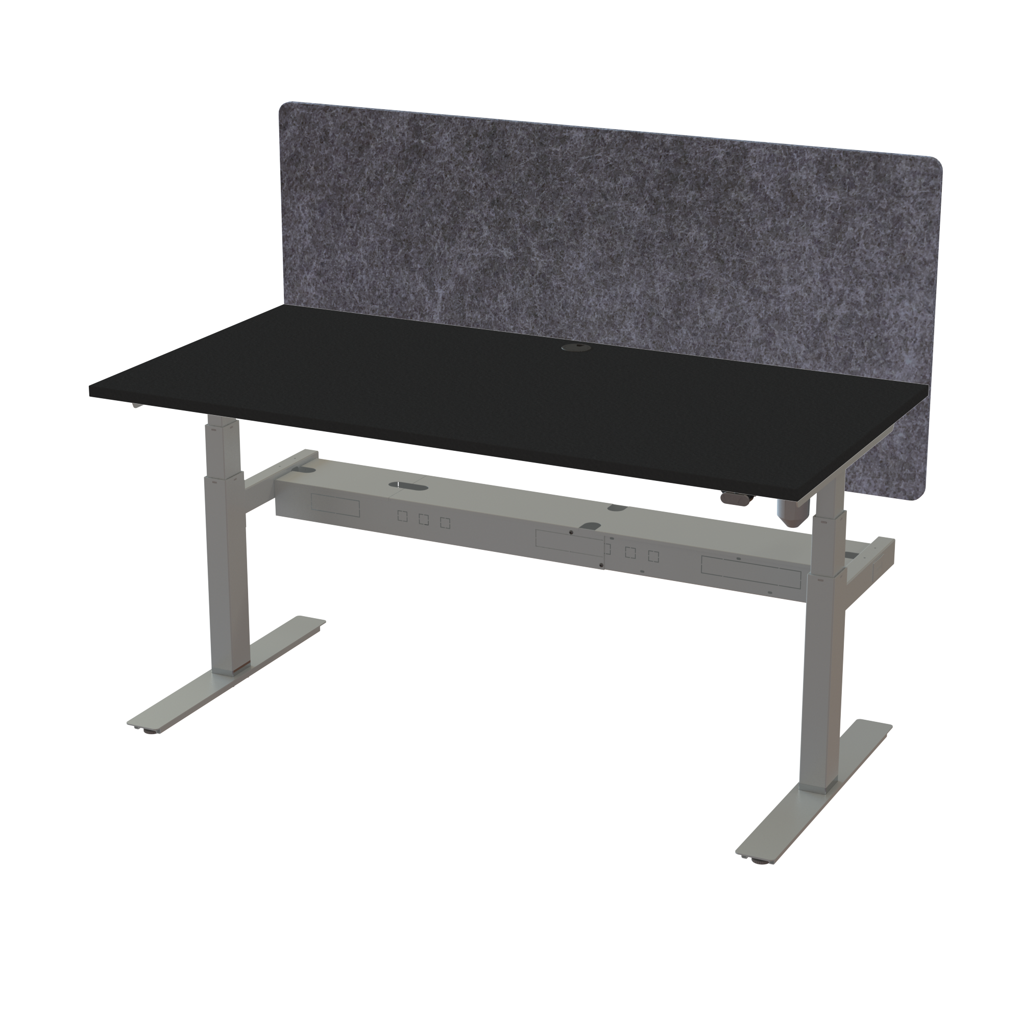 Ergonomic frame desk (160x80 cm) with a black melamine tabletop, acoustic screen, cable tray and memory controller on a silver 408-35 desk frame