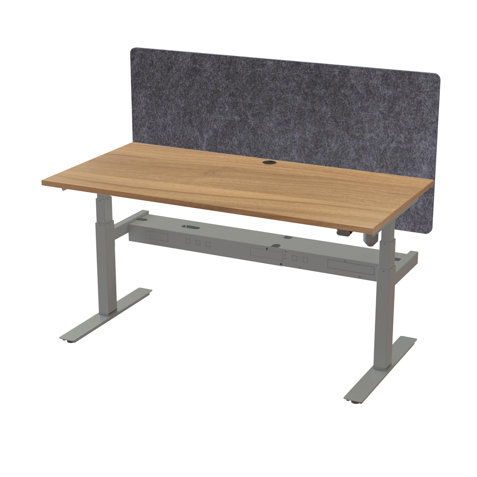 Ergonomic frame desk (160x80 cm) with a walnut melamine tabletop, acoustic screen, cable tray and memory controller on a silver 408-35 desk frame