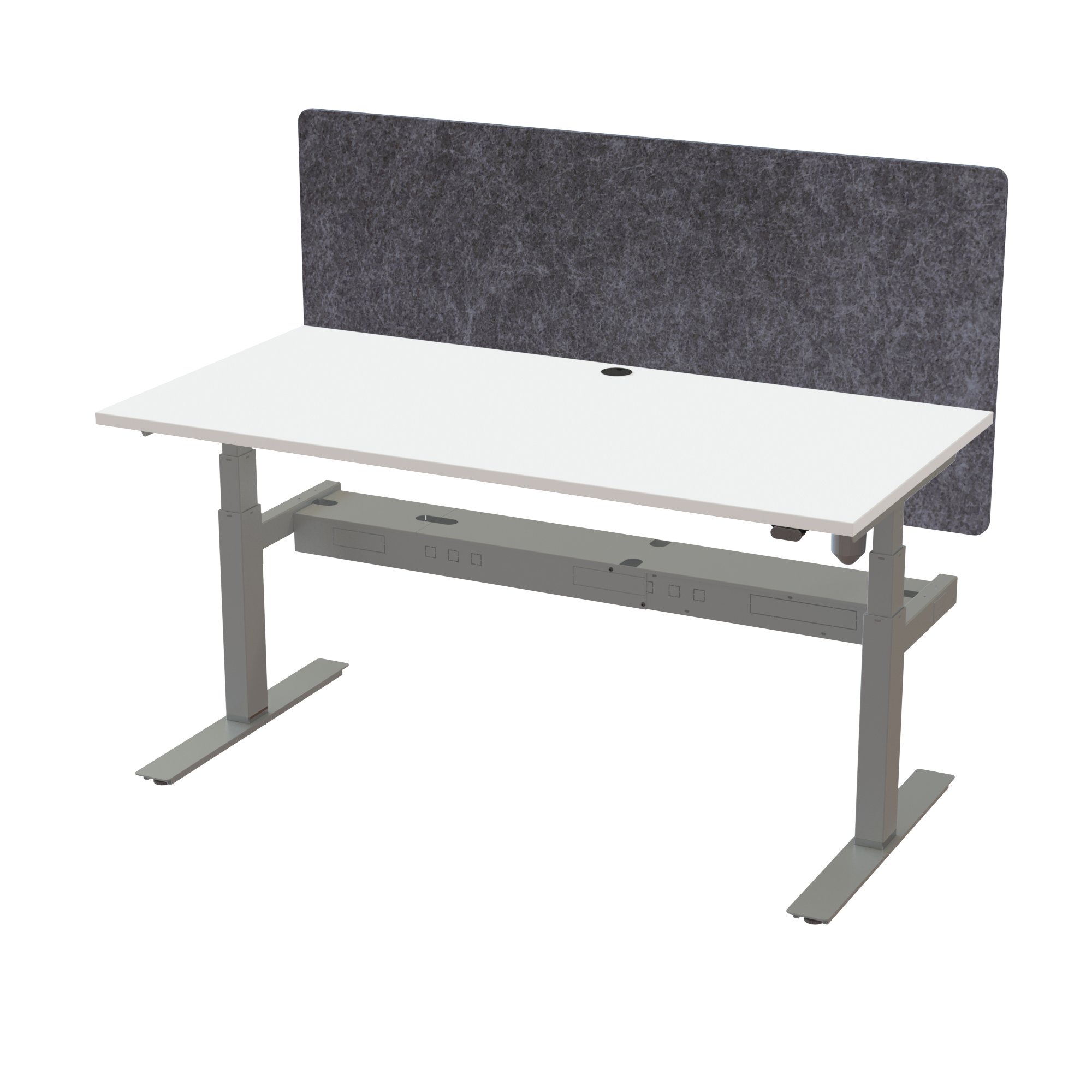 Ergonomic frame desk (160x80 cm) with a white melamine tabletop, acoustic screen, cable tray and memory controller on a silver 408-35 desk frame