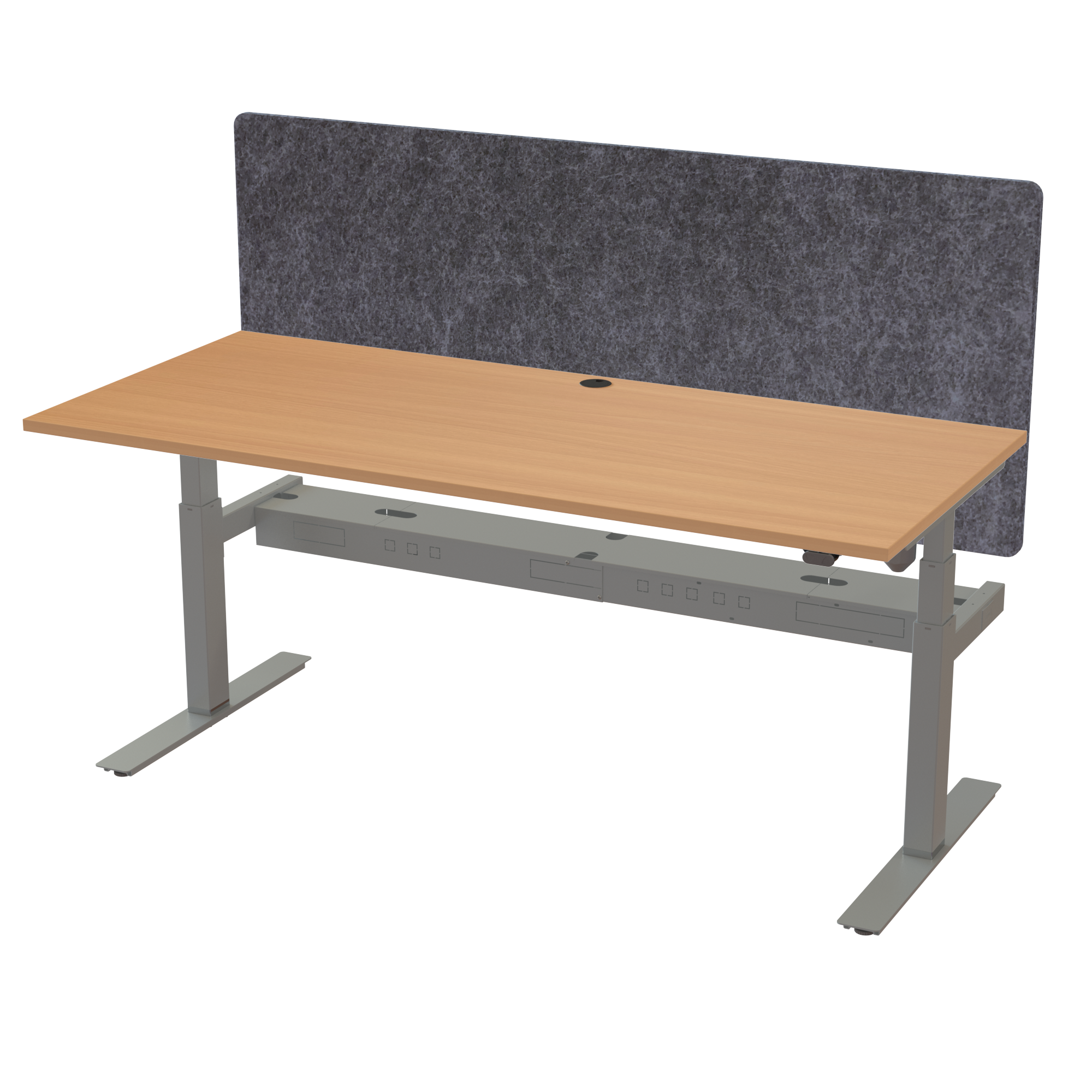 Ergonomic T-leg desk (180x80 cm) with a beech melamine tabletop, acoustic screen, cable tray and memory controller on a silver 408-35 desk frame