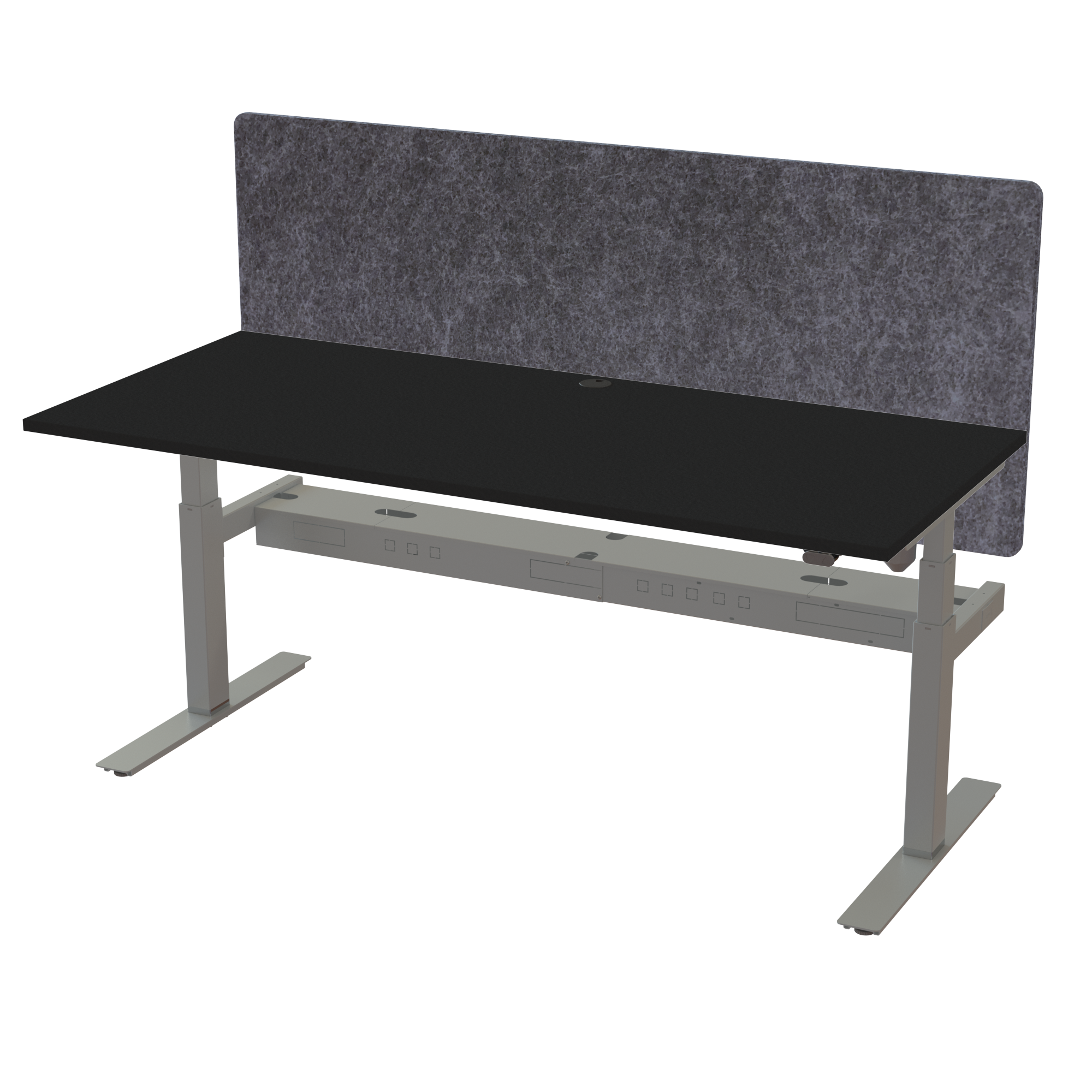 Ergonomic T-leg desk (180x80 cm) with a black melamine tabletop, acoustic screen, cable tray and memory controller on a silver 408-35 desk frame