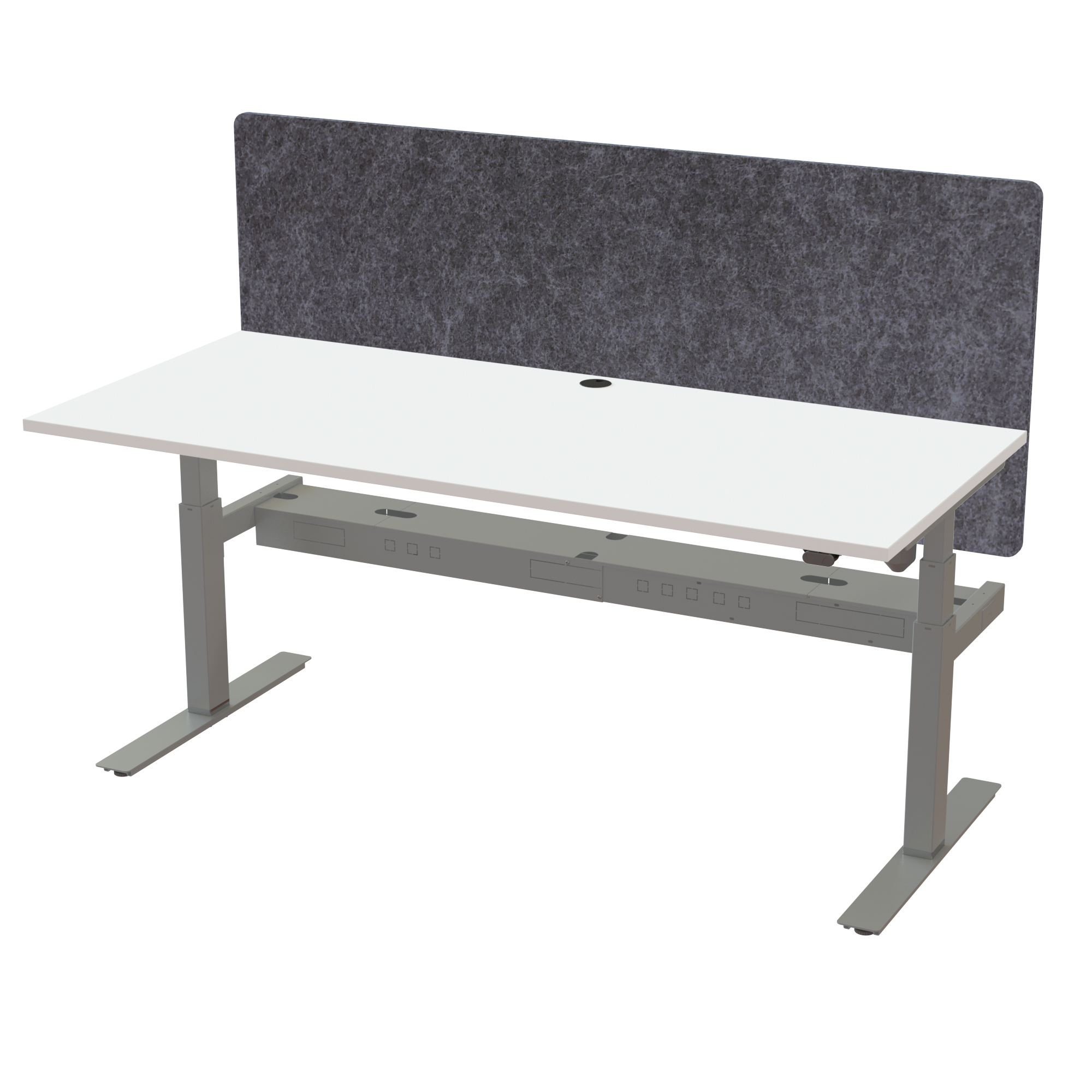 Ergonomic frame desk (180x80 cm) with a walnut melamine tabletop, acoustic screen, cable tray and memory controller on a silver 408-35 desk frame