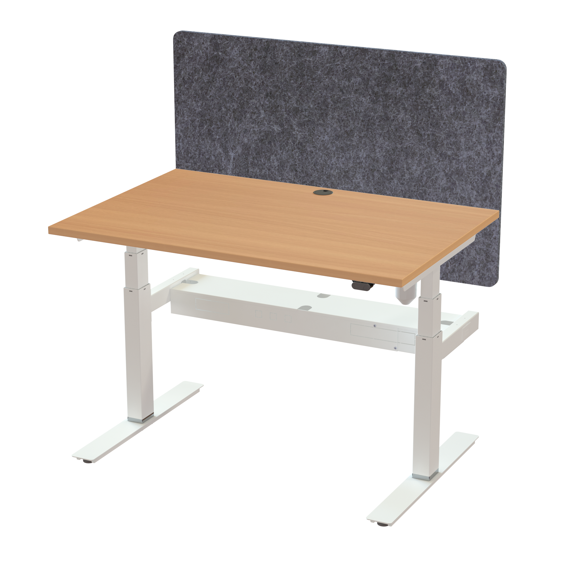 Ergonomic frame desk (120x80 cm) with a beech melamine tabletop, acoustic screen, cable tray and memory controller on a white 408-35 desk frame