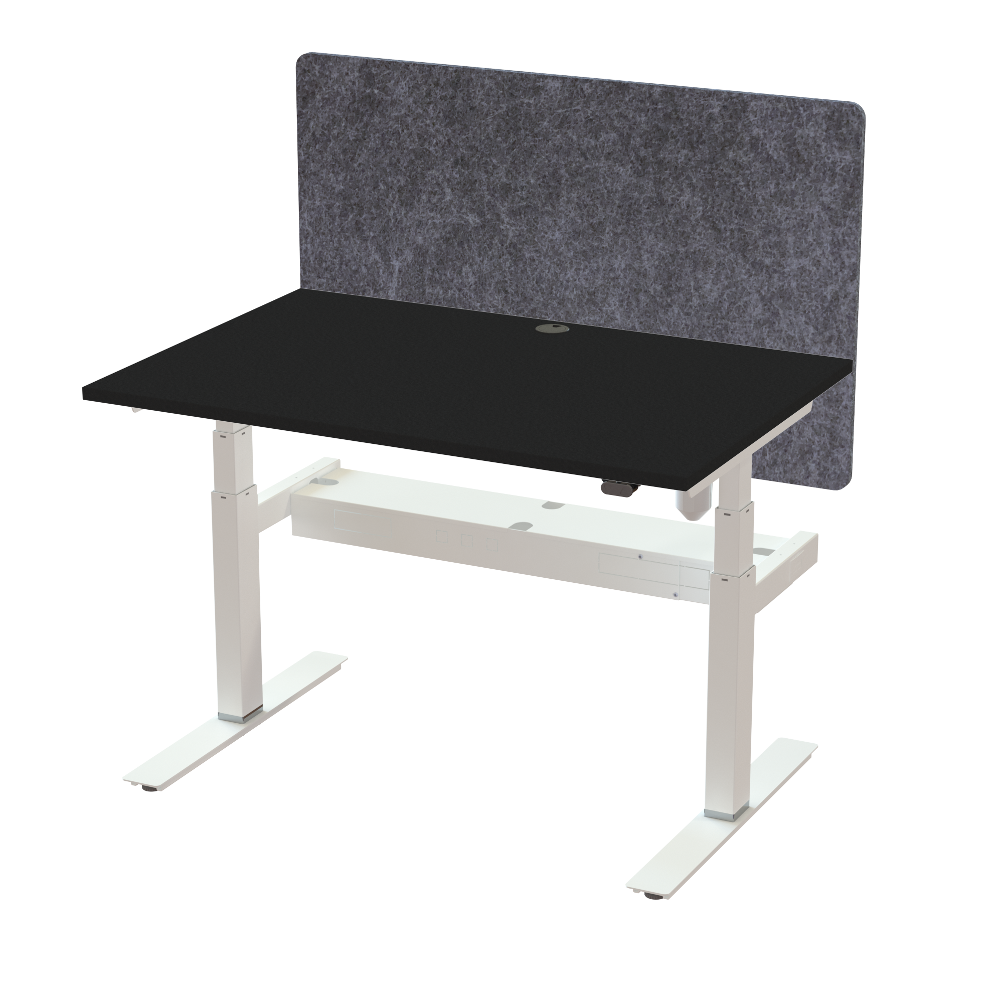 Ergonomic T-leg desk (120x80 cm) with a black melamine tabletop, acoustic screen, cable tray and memory controller on a white 408-35 desk frame