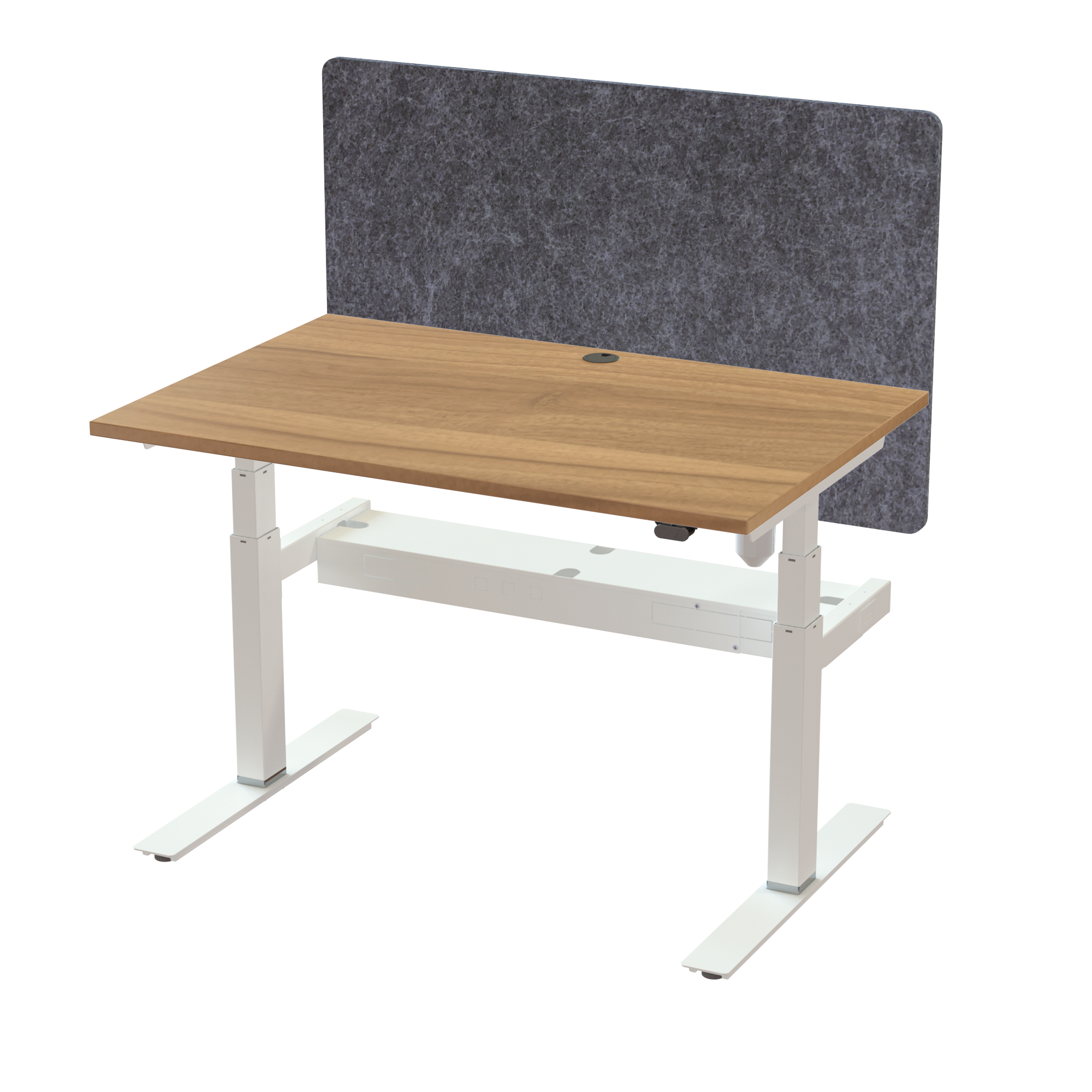 Ergonomic T-leg desk (120x80 cm) with a walnut melamine tabletop, acoustic screen, cable tray and memory controller on a white 408-35 desk frame
