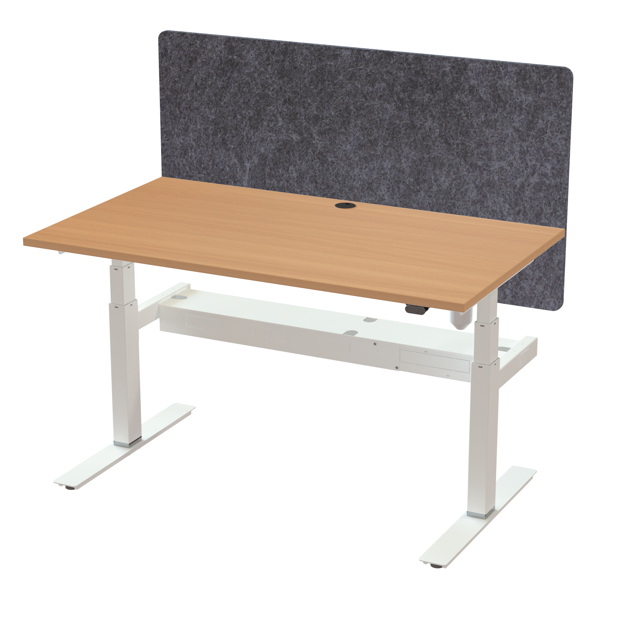 Ergonomic frame desk (140x80 cm) with a beech melamine tabletop, acoustic screen, cable tray and memory controller on a white 408-35 desk frame