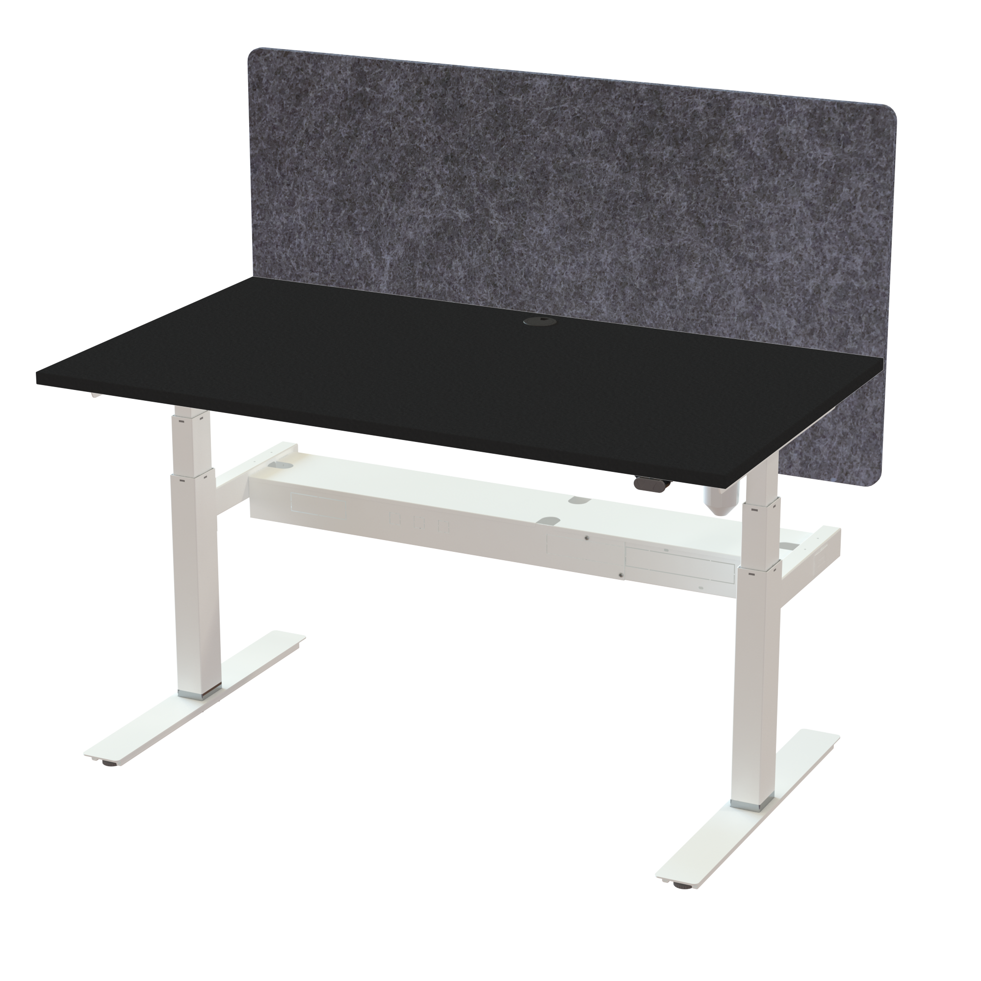 Ergonomic frame desk (140x80 cm) with a black melamine tabletop, acoustic screen, cable tray and memory controller on a white 408-35 desk frame