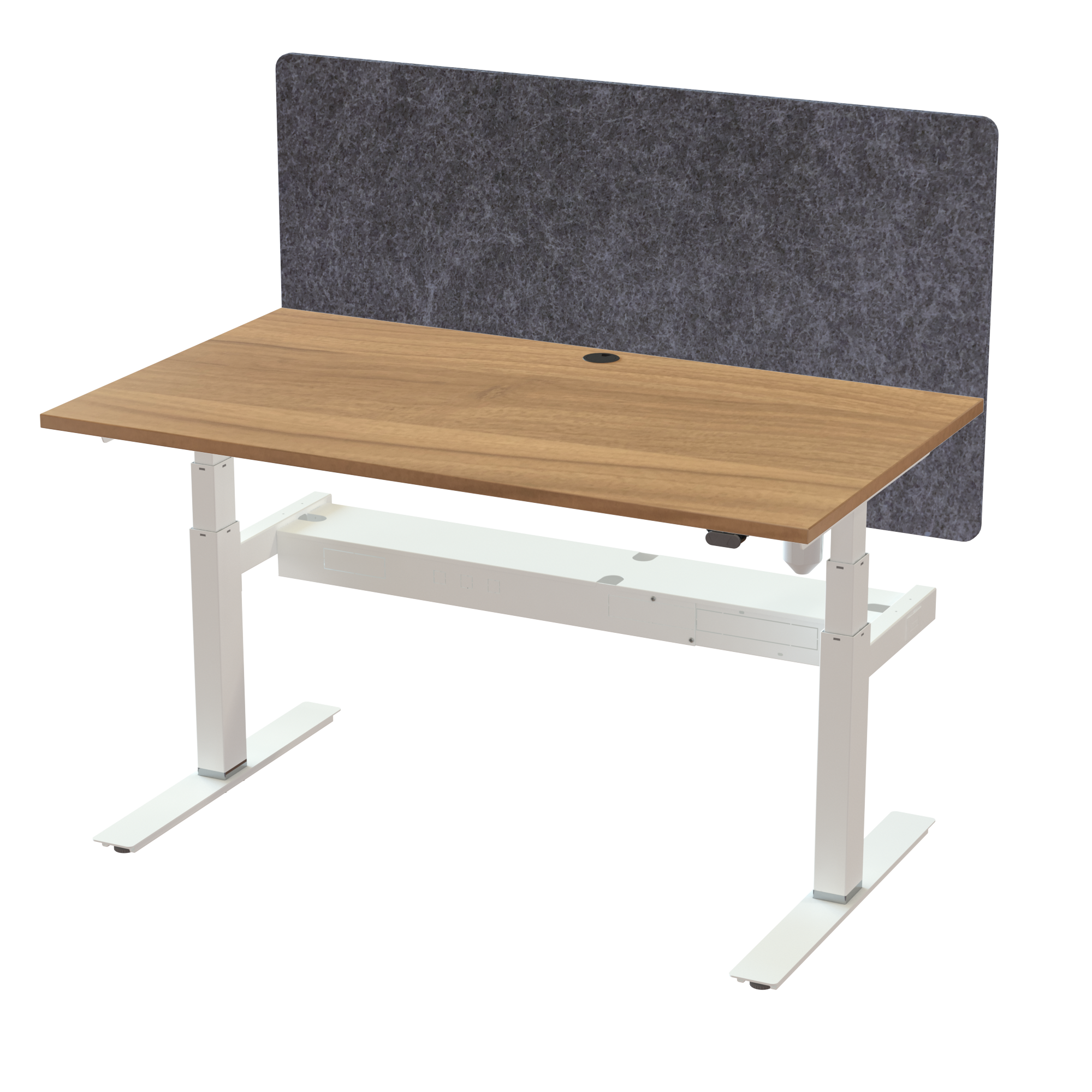 Ergonomic frame desk (140x80 cm) with a walnut melamine tabletop, acoustic screen, cable tray and memory controller on a white 408-35 desk frame