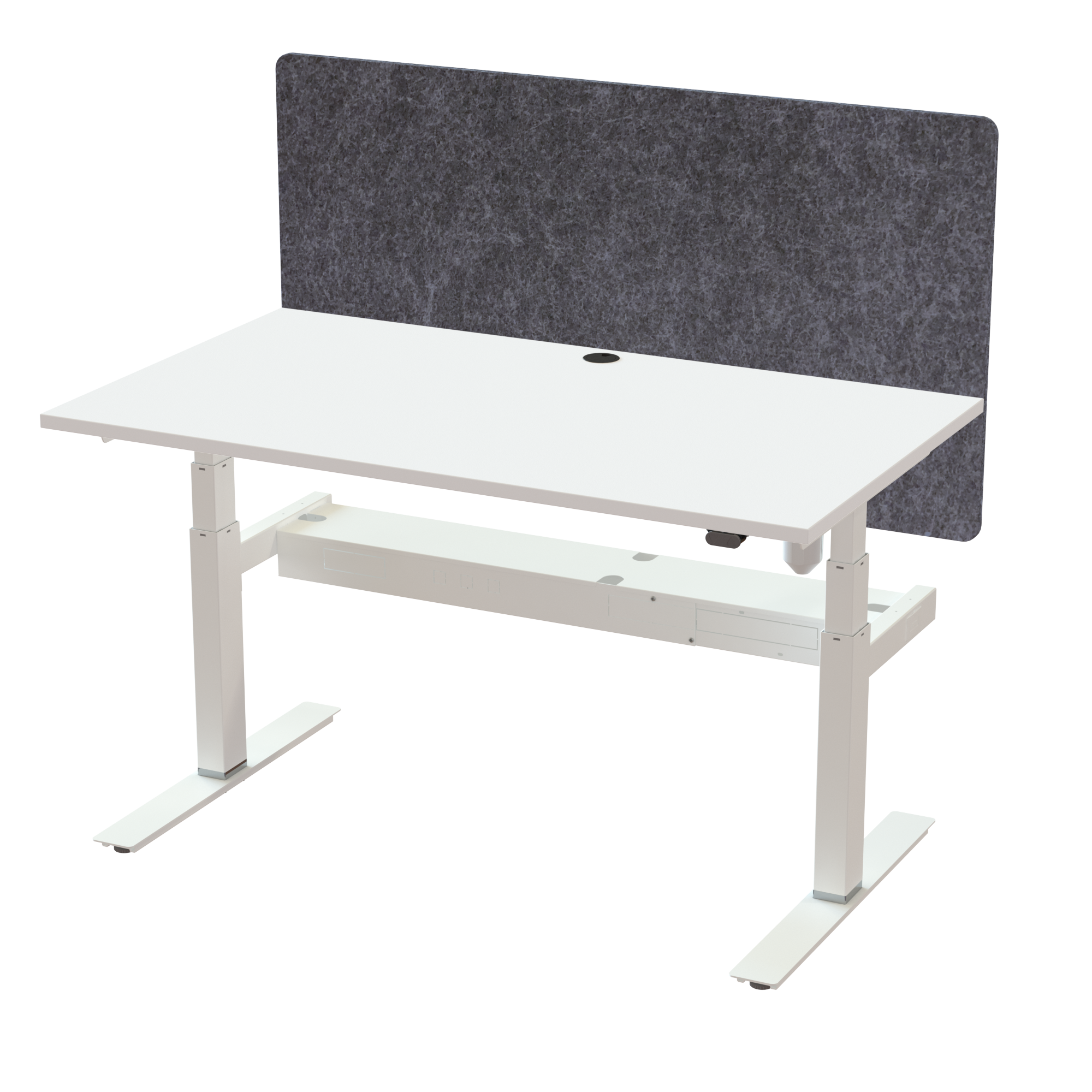 Ergonomic frame desk (140x80 cm) with a white melamine tabletop, acoustic screen, cable tray and memory controller on a white 408-35 desk frame
