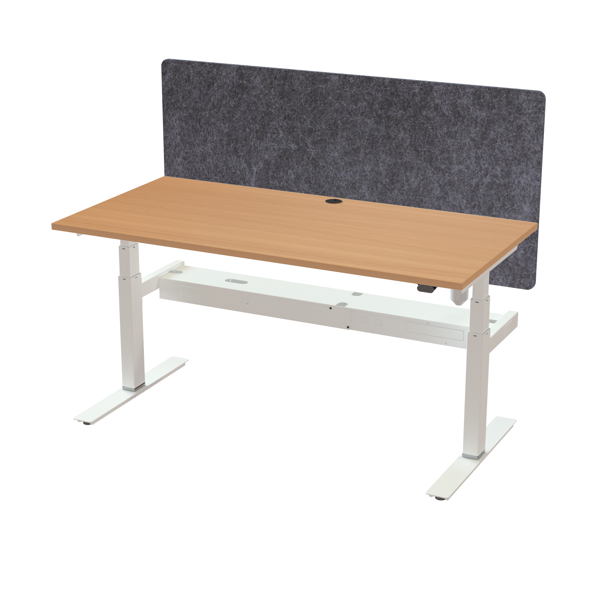 Ergonomic frame desk (160x80 cm) with a beech melamine tabletop, acoustic screen, cable tray and memory controller on a white 408-35 desk frame