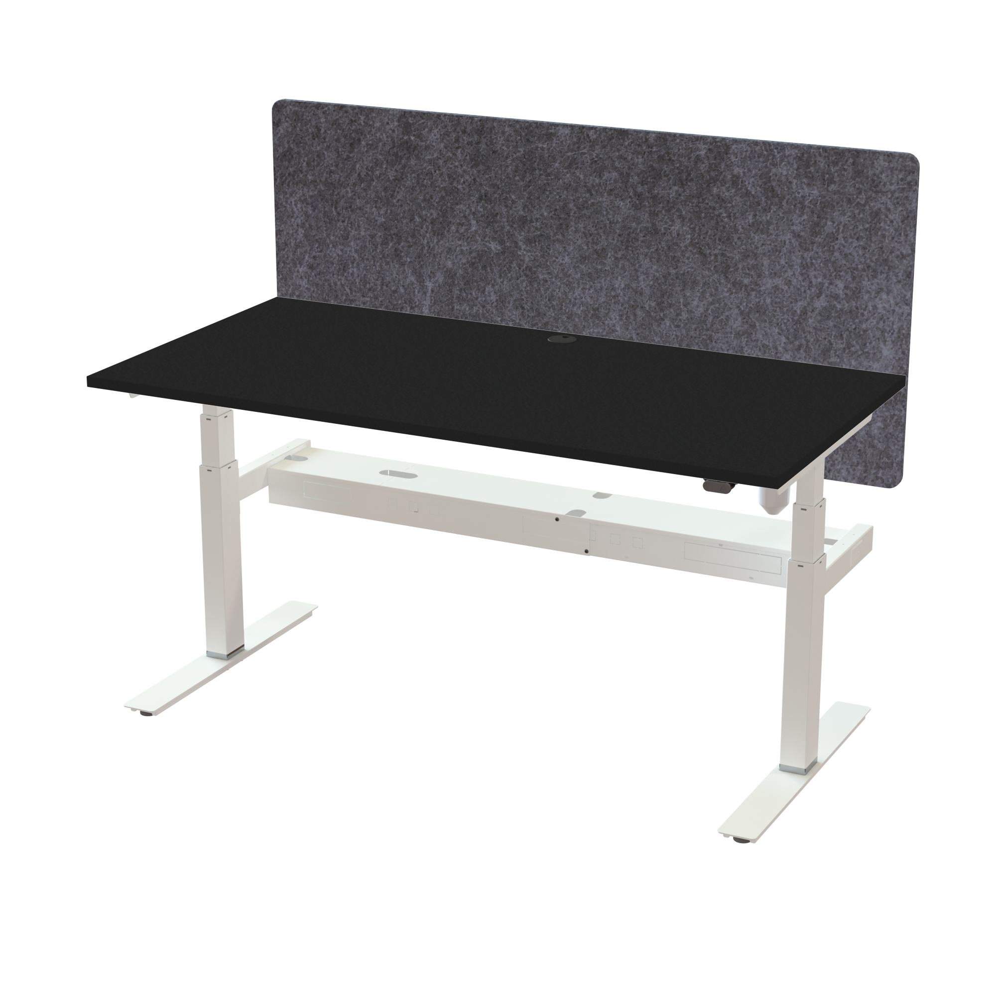 Ergonomic T-leg desk (160x80 cm) with a black melamine tabletop, acoustic screen, cable tray and memory controller on a white 408-35 desk frame