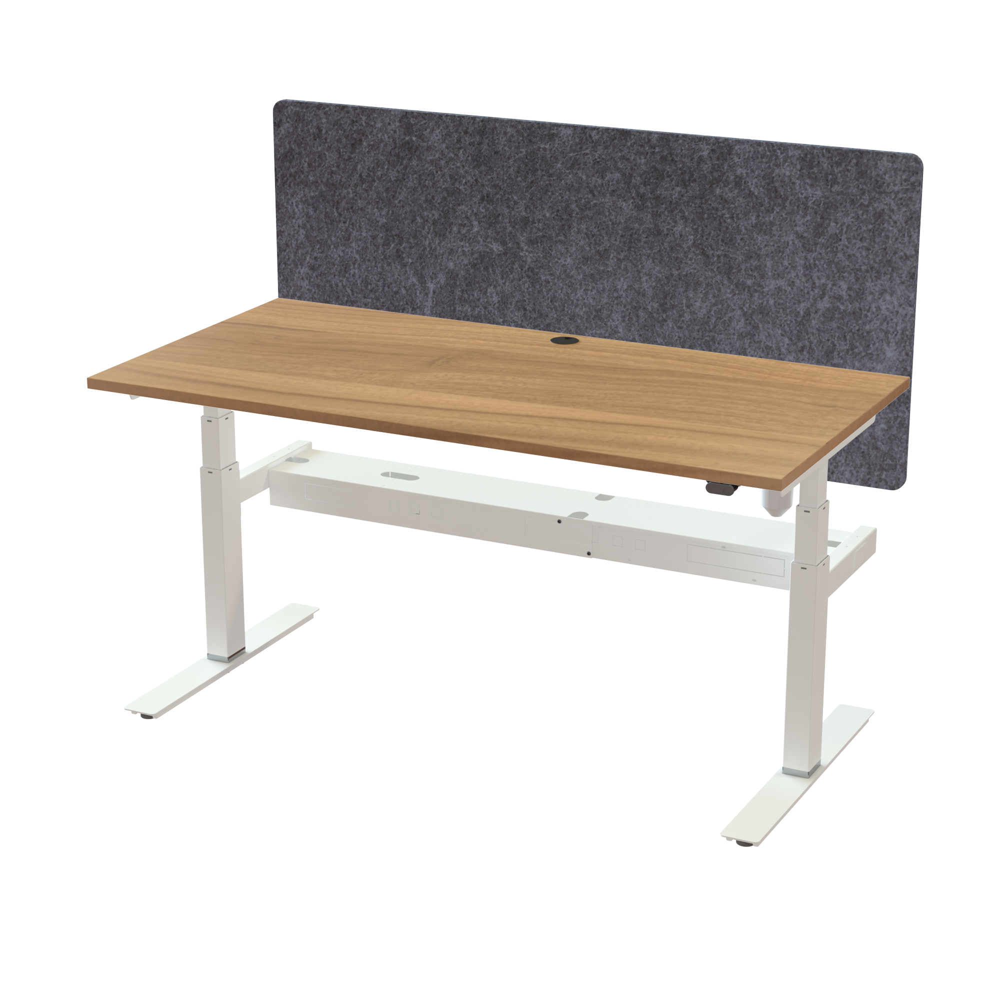 Ergonomic T-leg desk (160x80 cm) with a walnut melamine tabletop, acoustic screen, cable tray and memory controller on a white 408-35 desk frame