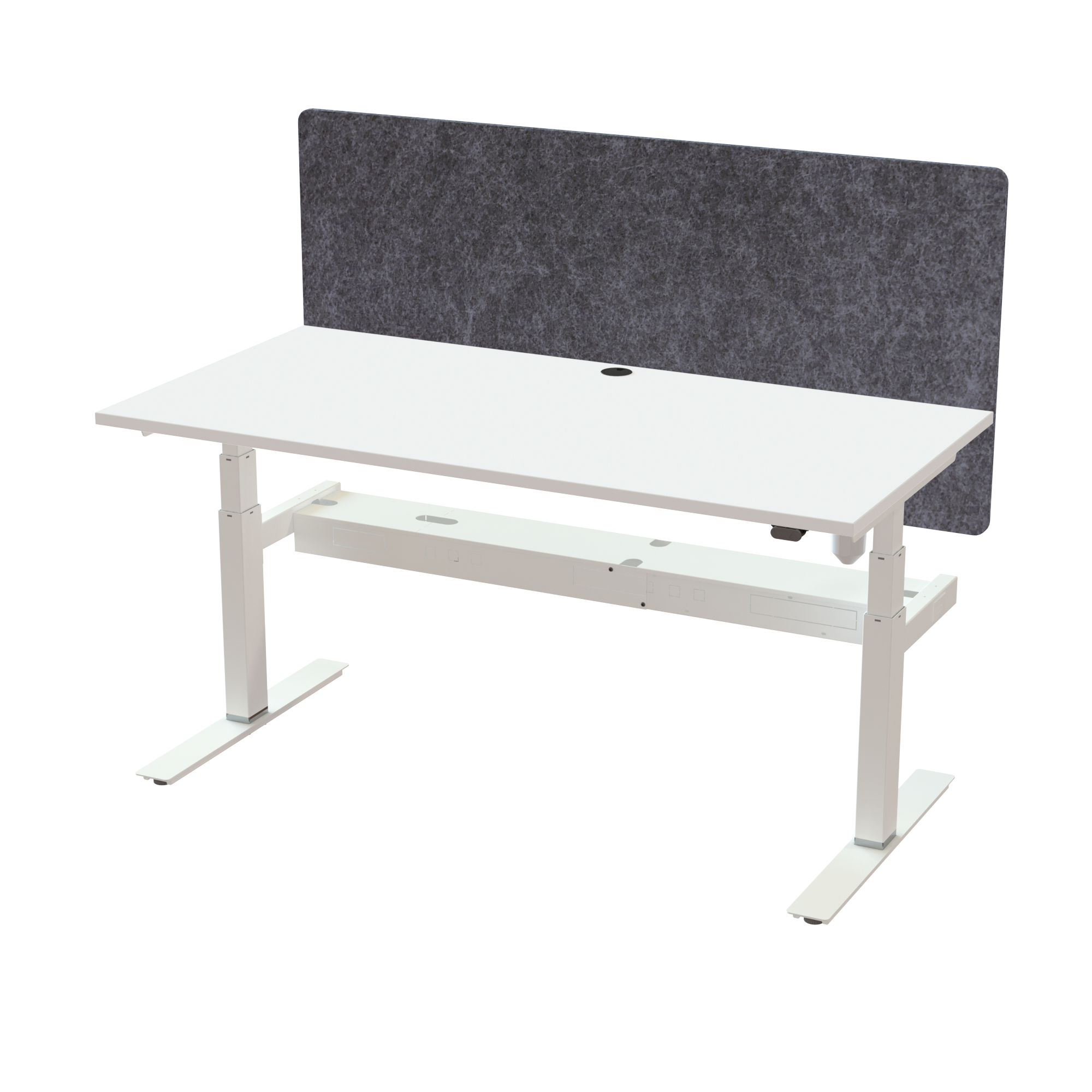 Ergonomic T-leg desk (160x80 cm) with a white melamine tabletop, acoustic screen, cable tray and memory controller on a white 408-35 desk frame