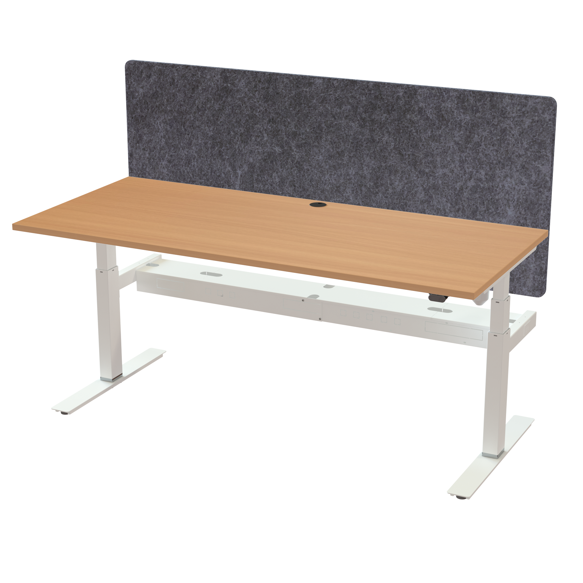 Ergonomic T-leg desk (180x80 cm) with a beech melamine tabletop, acoustic screen, cable tray and memory controller on a white 408-35 desk frame