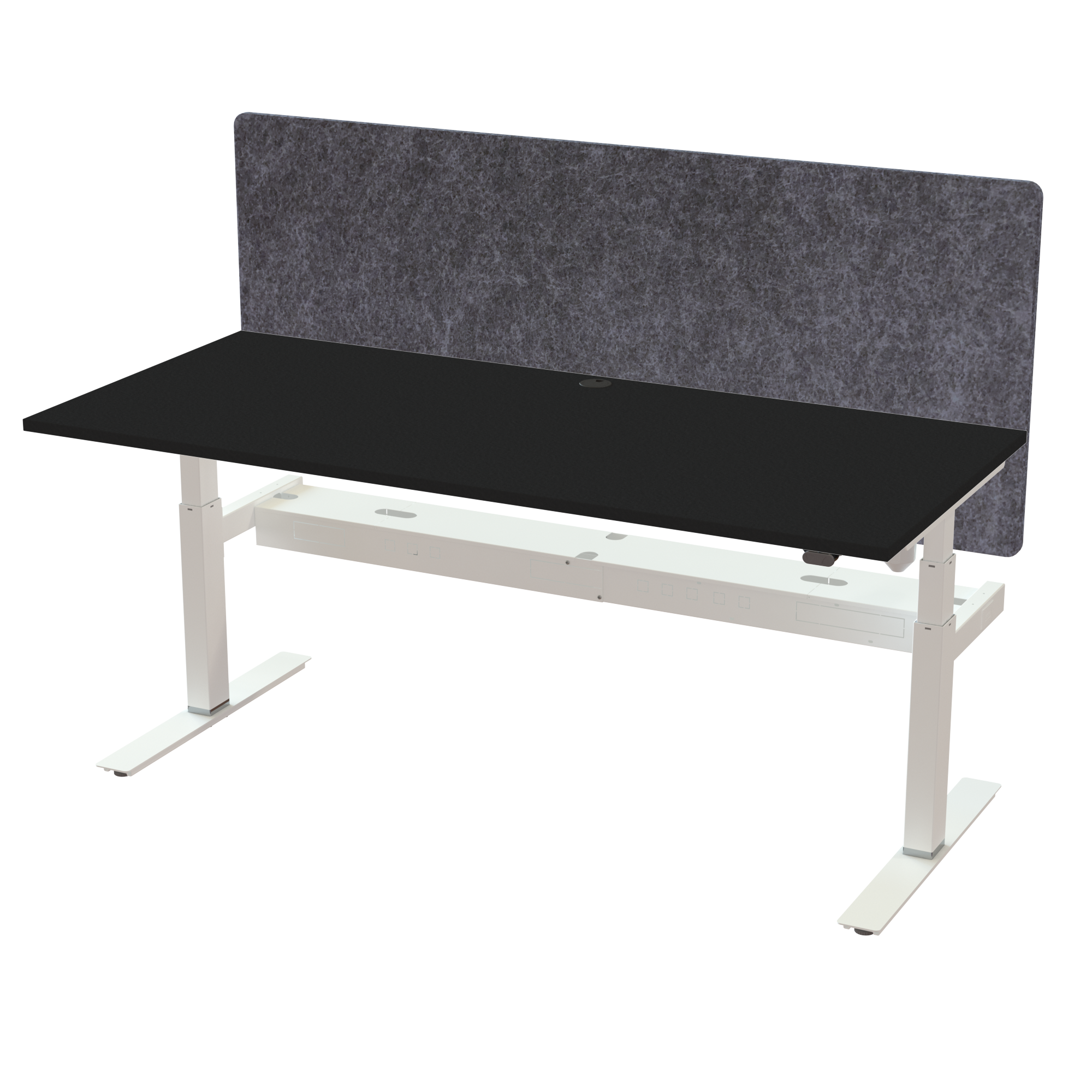Ergonomic frame desk (180x80 cm) with a black melamine tabletop, acoustic screen, cable tray and memory controller on a white 408-35 desk frame