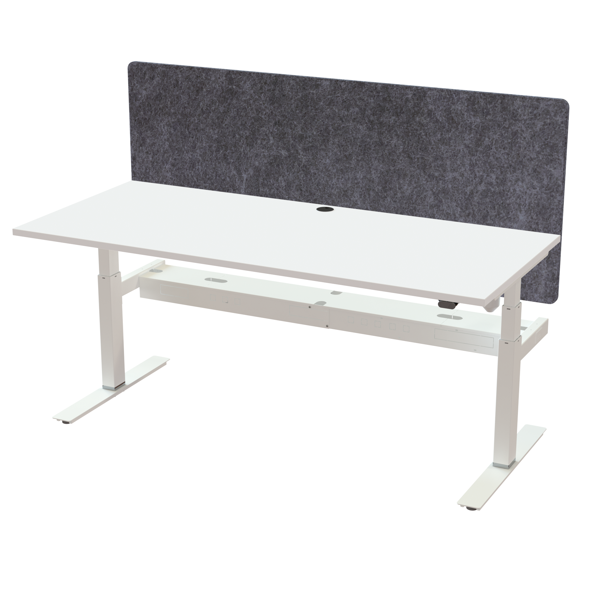 Ergonomic frame desk (180x80 cm) with a white melamine tabletop, acoustic screen, cable tray and memory controller on a white 408-35 desk frame