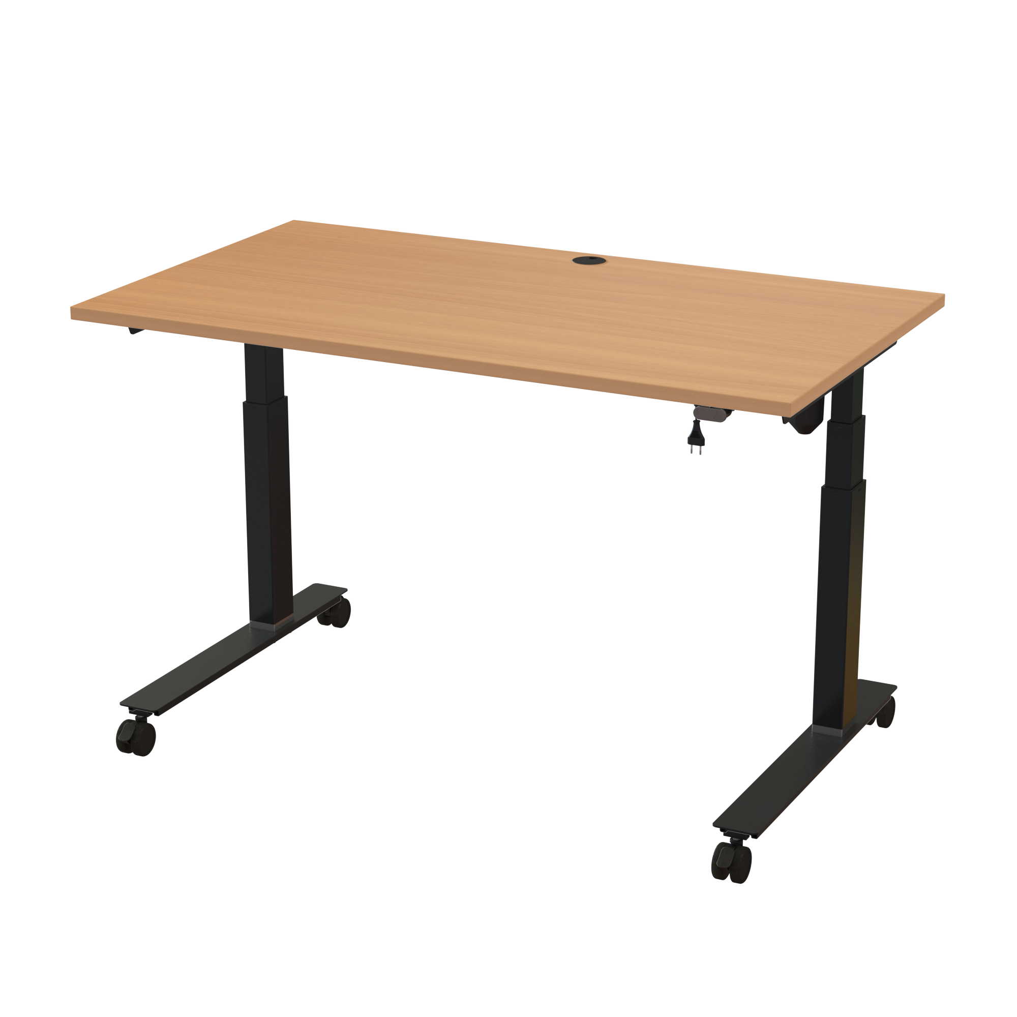 Ergonomic T-leg desk (140x80 cm) with a beech melamine tabletop and cable tray on a black 501-35 desk frame