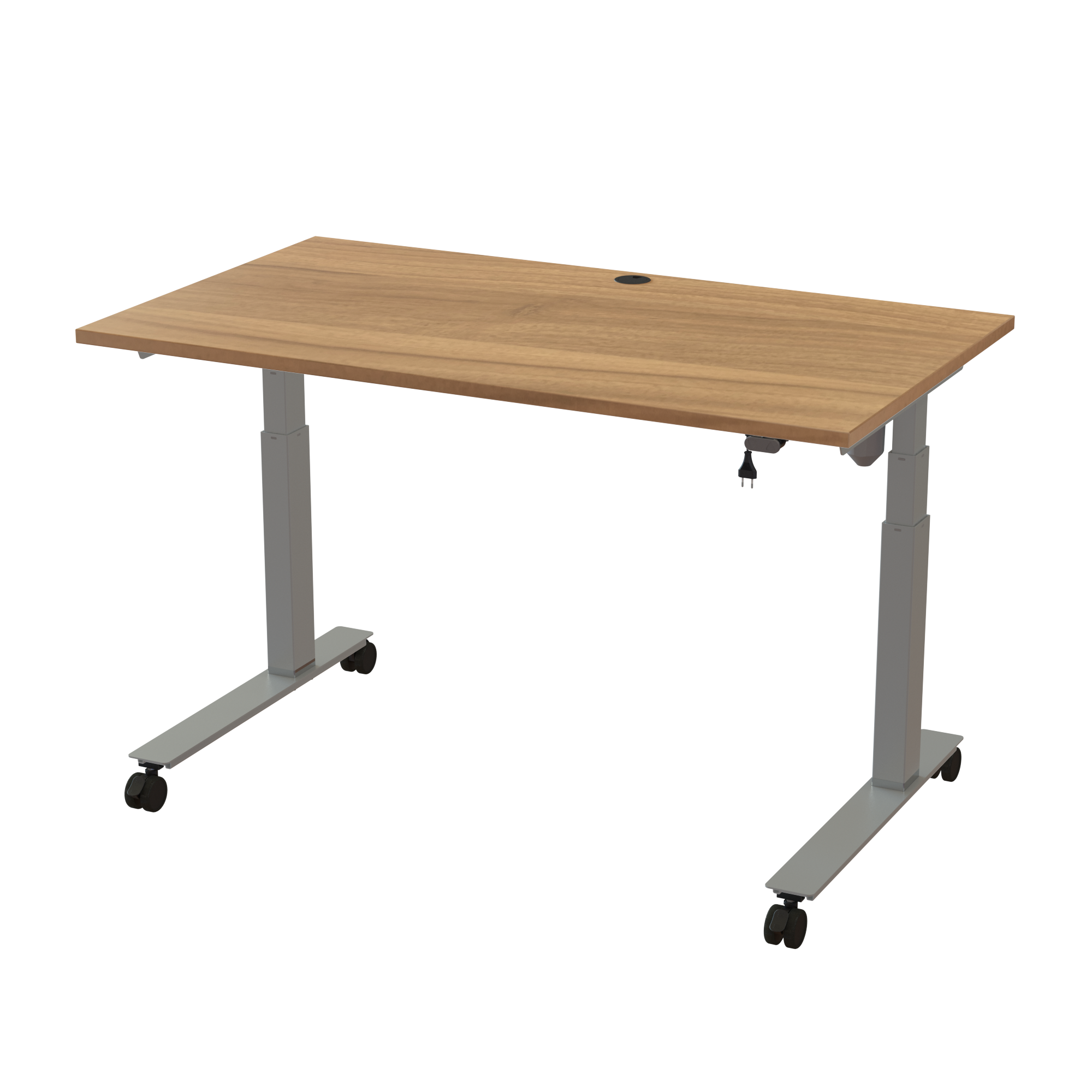 Ergonomic frame desk (140x80 cm) with a walnut melamine tabletop and cable tray on a silver 501-35 desk frame