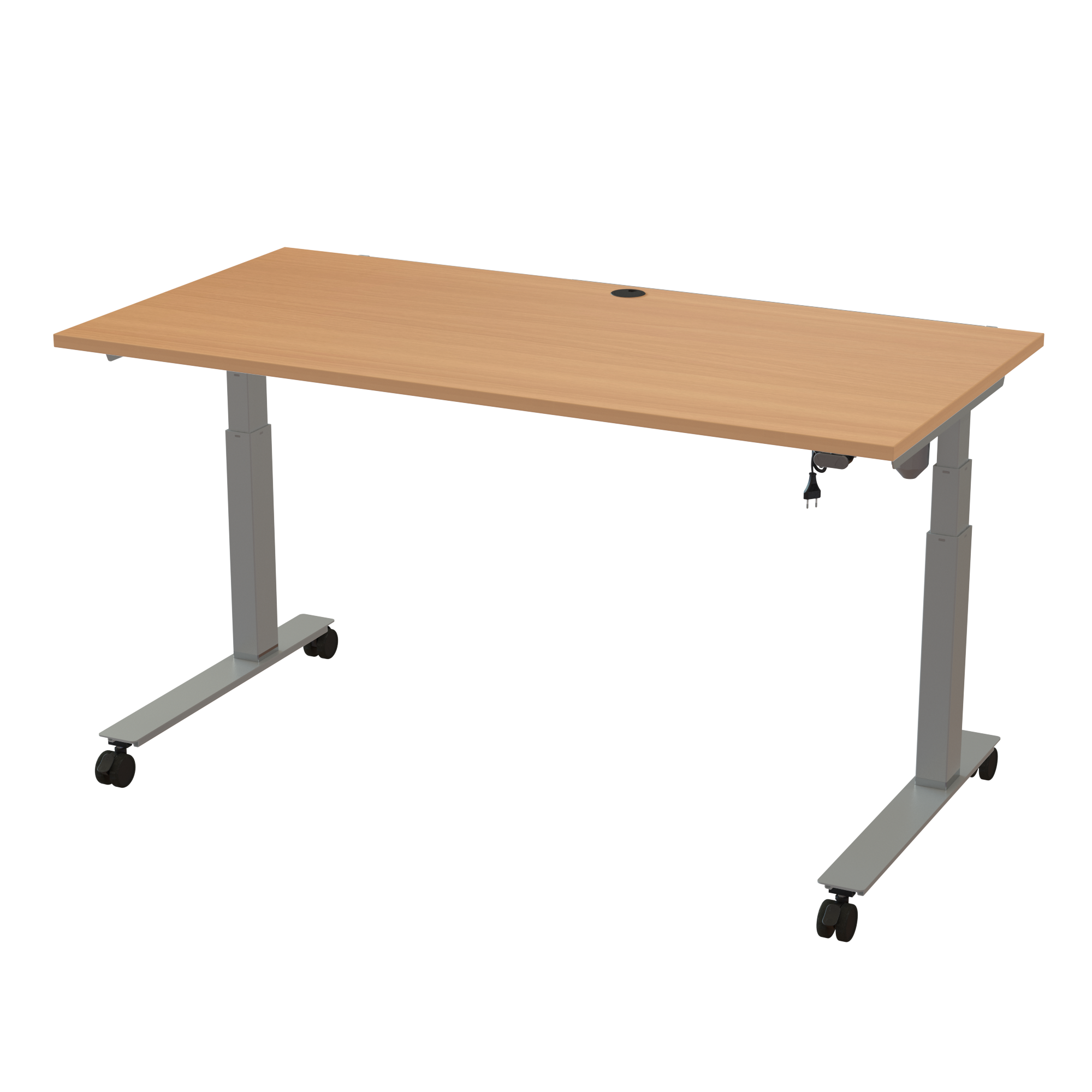 Ergonomic T-leg desk (160x80 cm) with a beech melamine tabletop and cable tray on a silver 501-35 desk frame