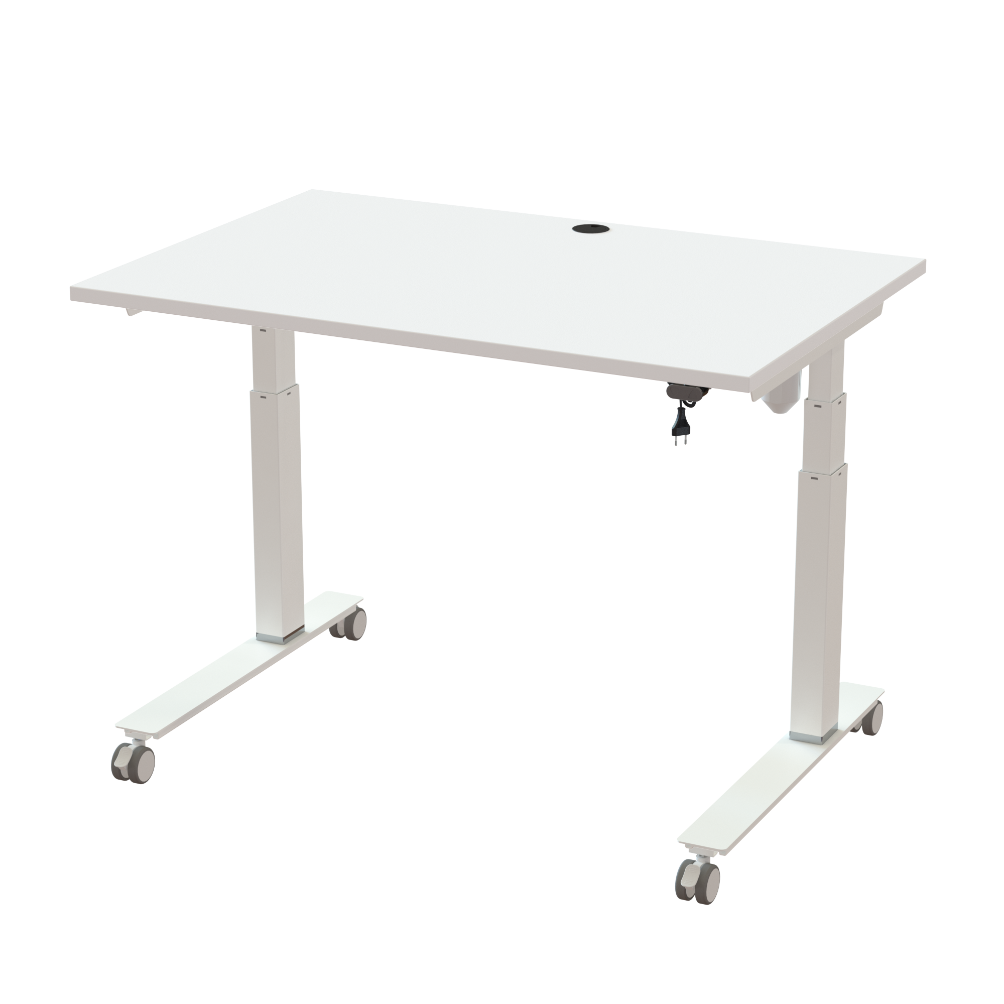 Ergonomic frame desk (120x80 cm) with a white melamine tabletop and cable tray on a white 501-35 desk frame