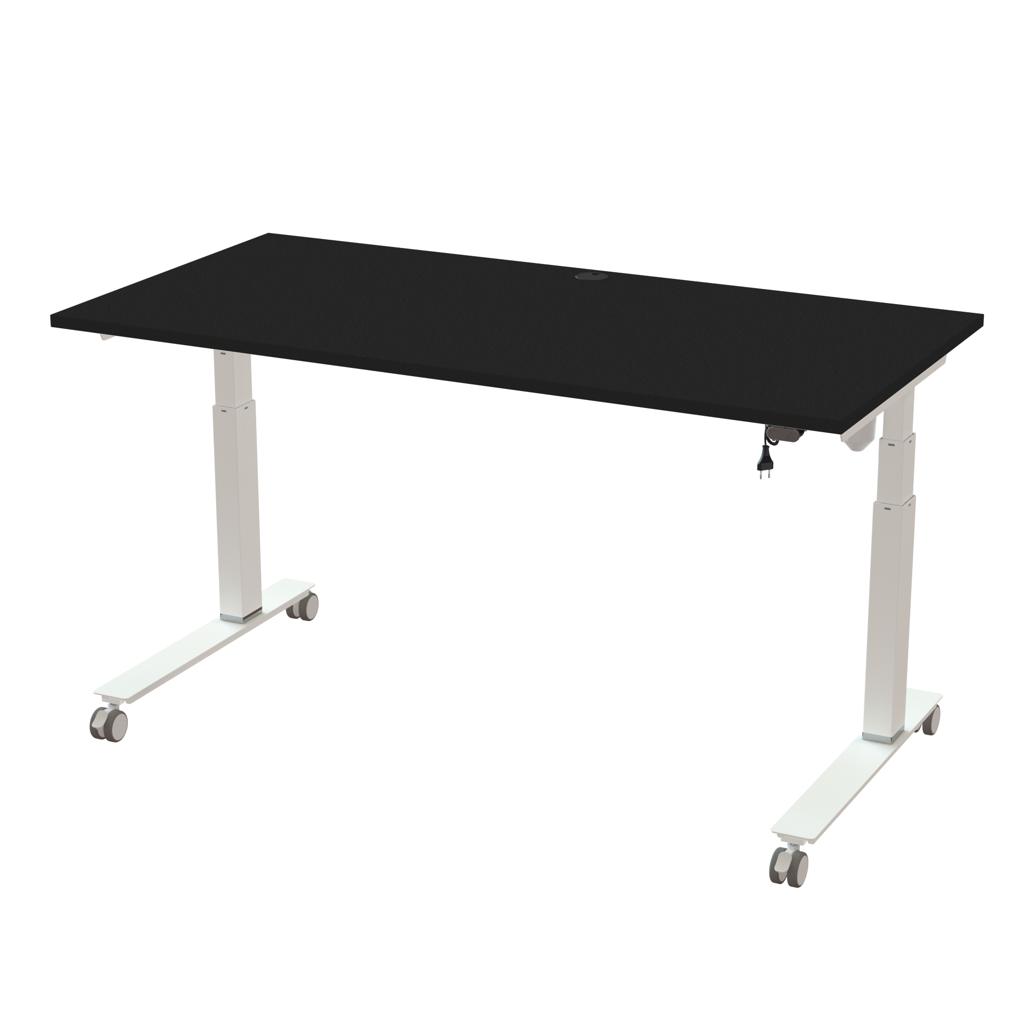 Ergonomic frame desk (160x80 cm) with a black melamine tabletop and cable tray on a white 501-35 desk frame