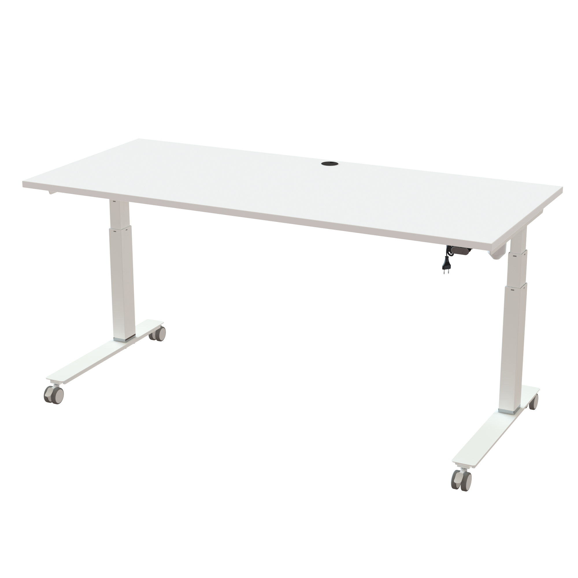 Ergonomic frame desk (180x80 cm) with a white melamine tabletop and cable tray on a white 501-35 desk frame