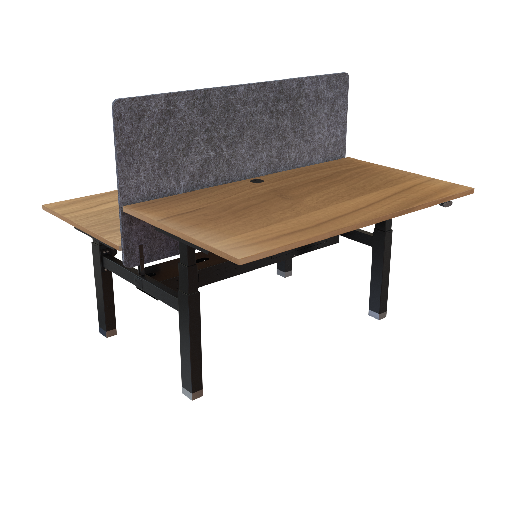 Ergonomic frame desk (140x80 cm) with a walnut melamine tabletop and cable tray on a black 581-35 desk frame