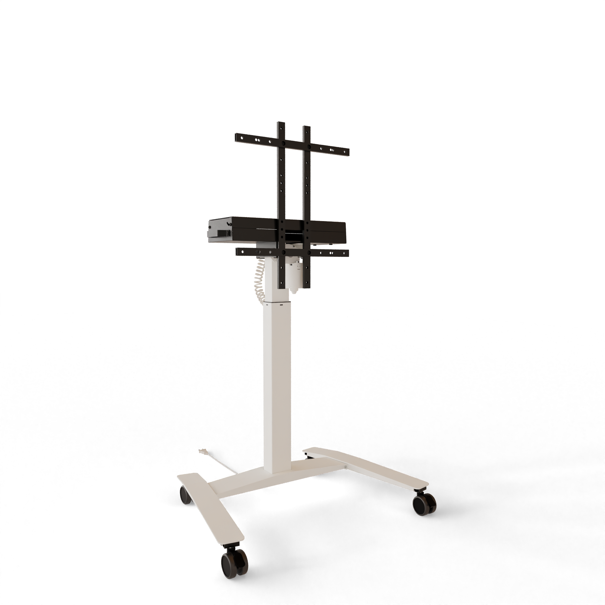 Rolling white electric TV trolley on wheels with 480mm height adjustment for flat screens.