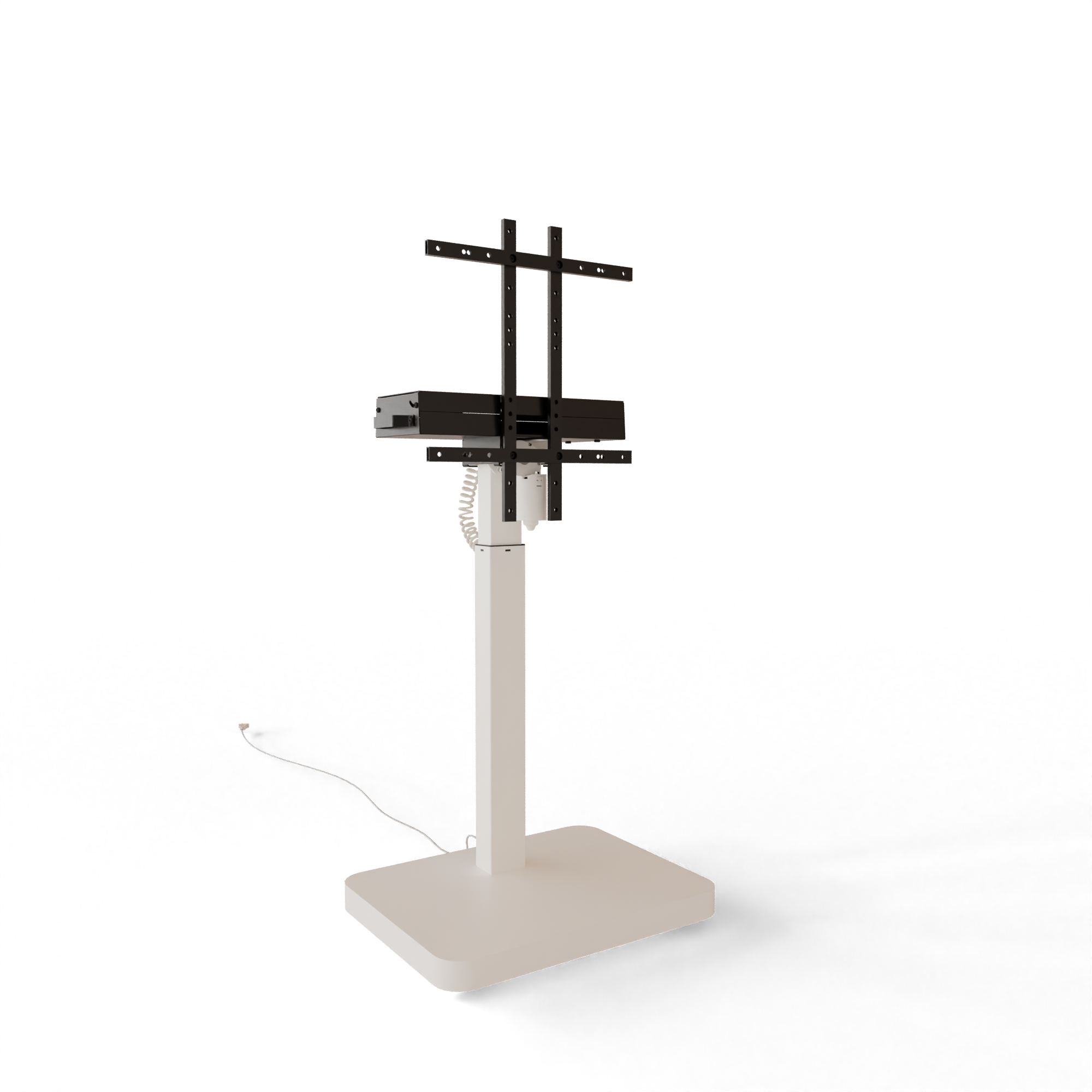 Compact white electric TV stand with 480mm height adjustment, black mounting frame, and flat wood floor base. 