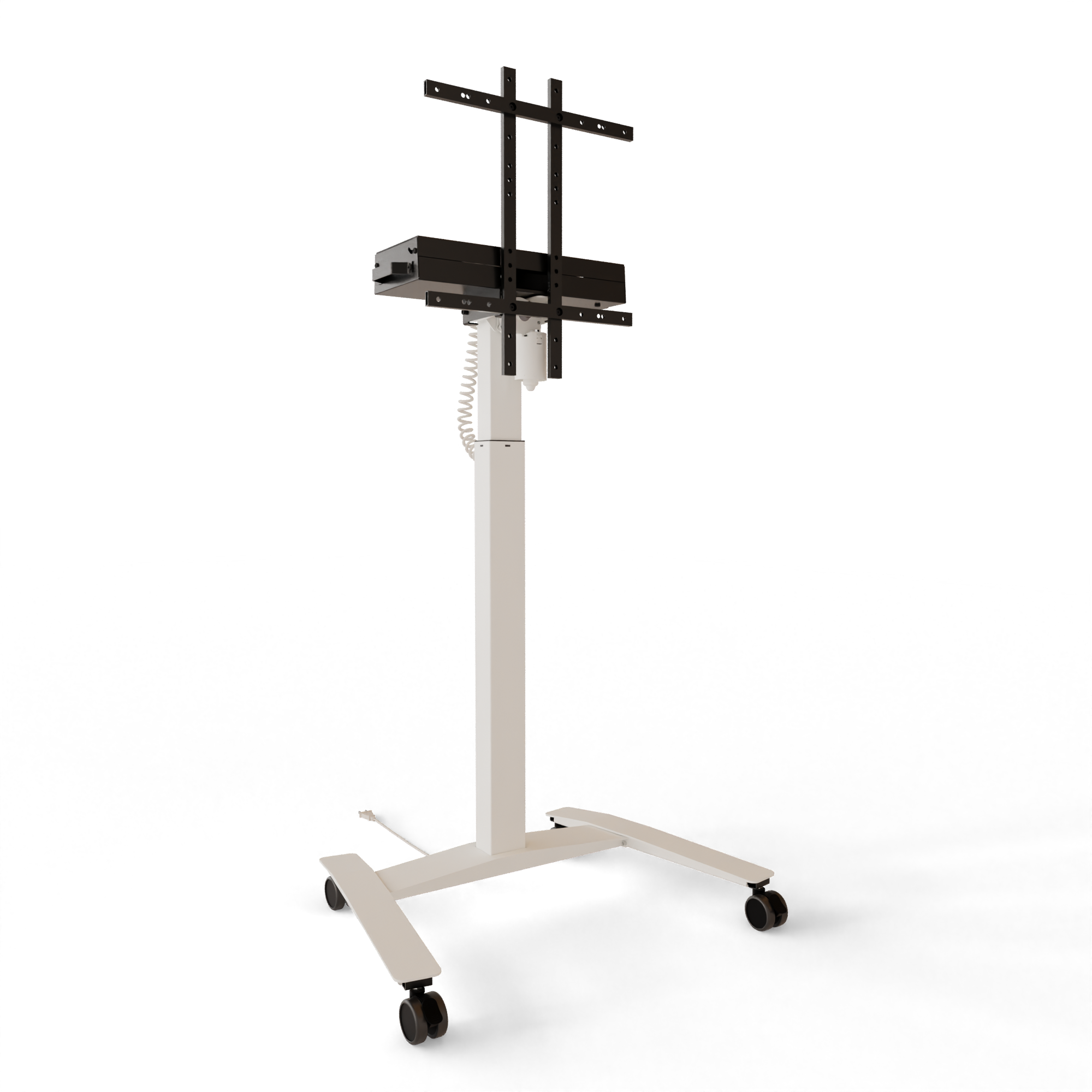Mobile white electric TV stand on wheels featuring 880mm height adjustment and black VESA mount.