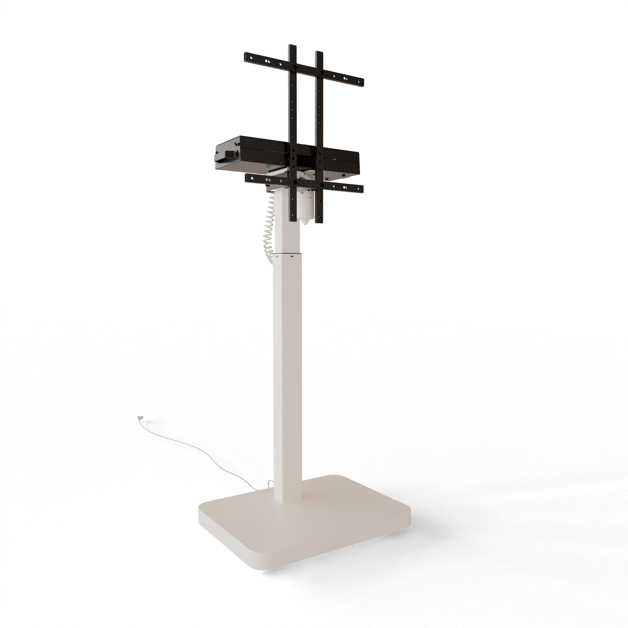 White electric TV stand with 880mm height adjustment, black display mount, and flat rectangular floor base.