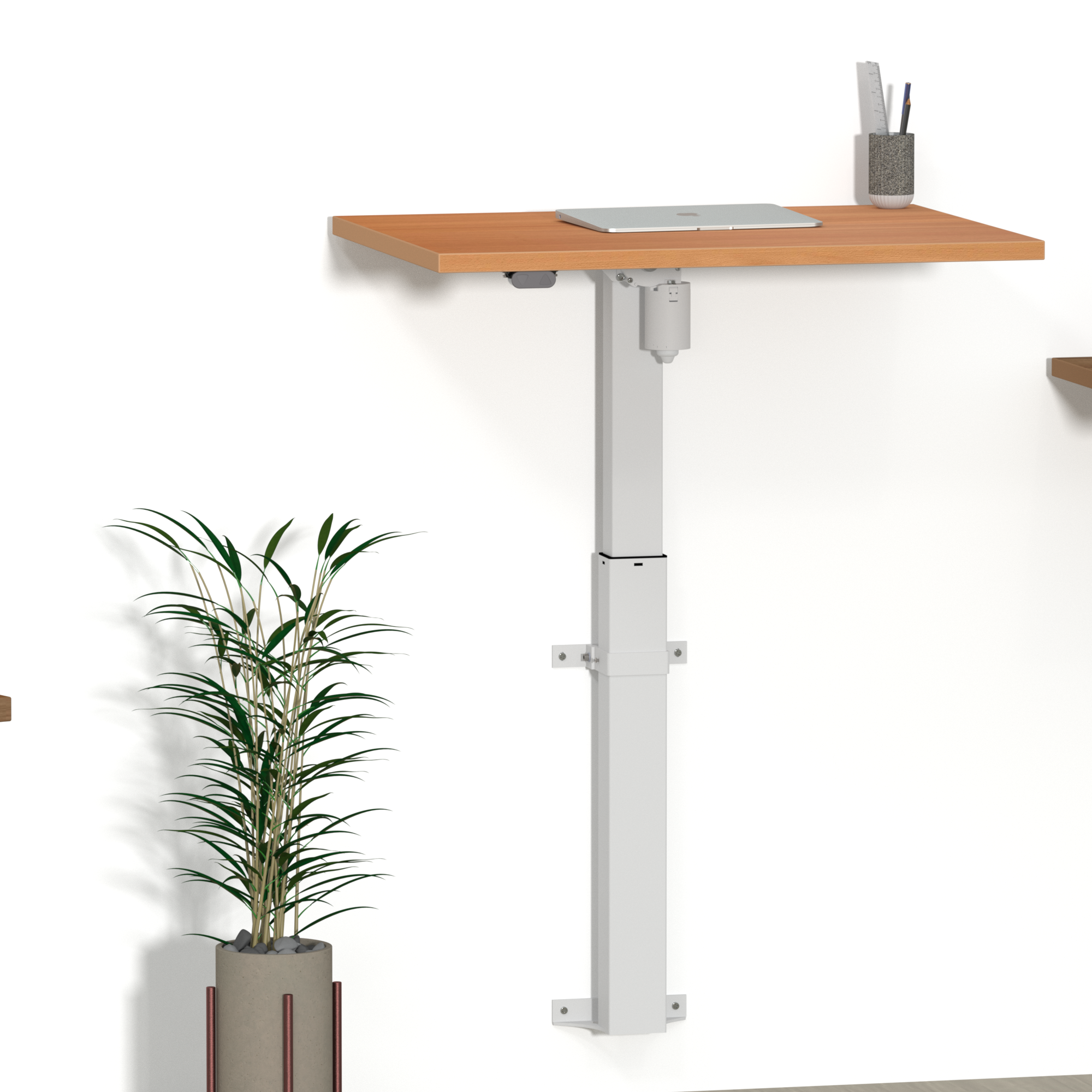 Electric Adjustable Wall desk | ONE | Beech with white frame