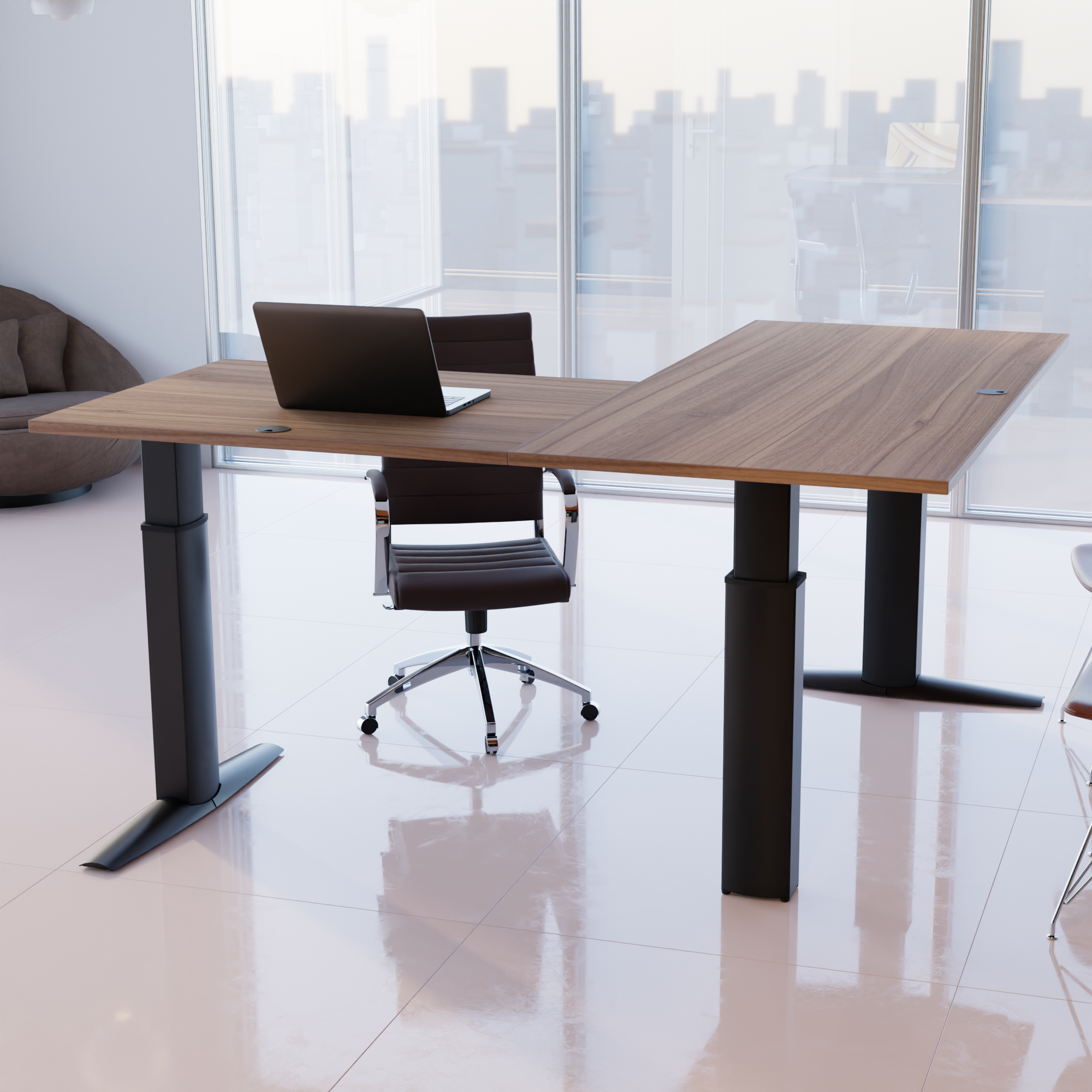 Electric Adjustable Desk | 160x160 cm | Walnut with black frame